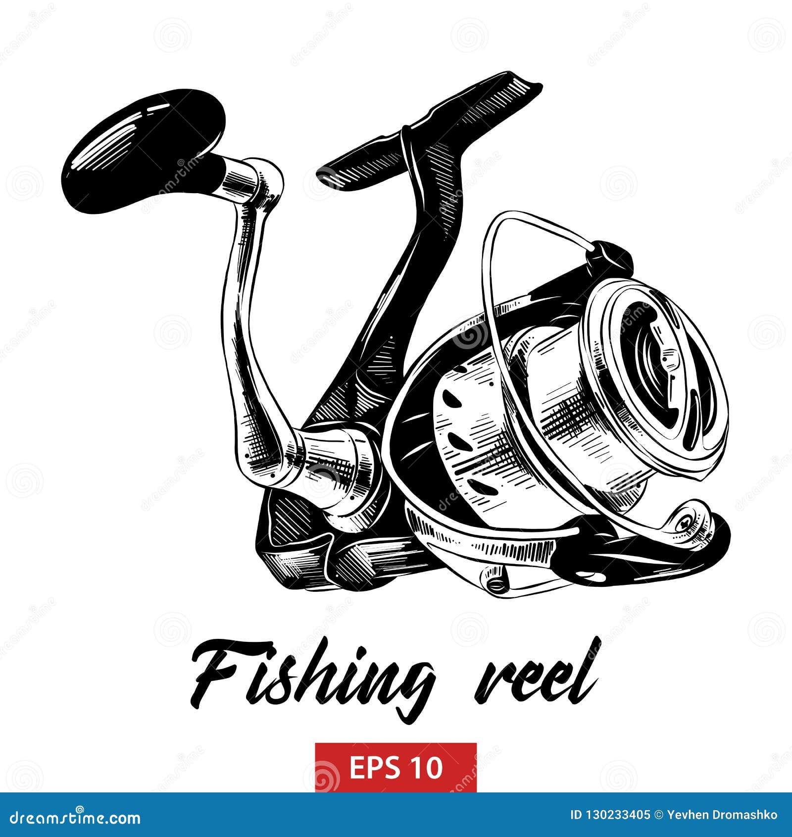 Hand Drawn Sketch of Fishing Reel in Black Isolated on White Background.  Detailed Vintage Etching Style Drawing Stock Vector - Illustration of  float, fisherman: 130233405