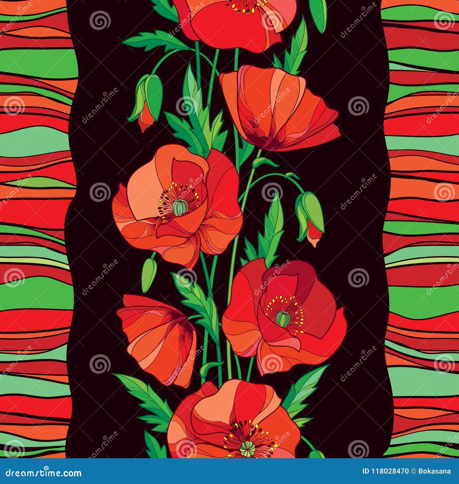 Vector Eseamless Pattern with Outline Red Poppy Flower, Bud and Green ...