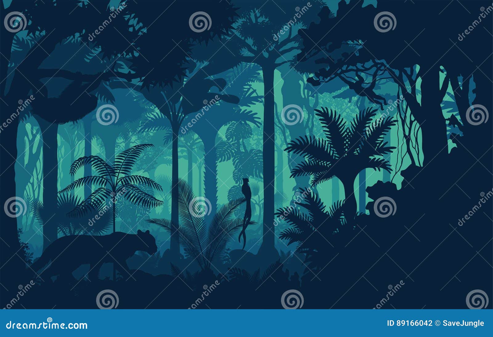 evening tropical rainforest jungle background with jaguar, sloth, monkey and qetzal