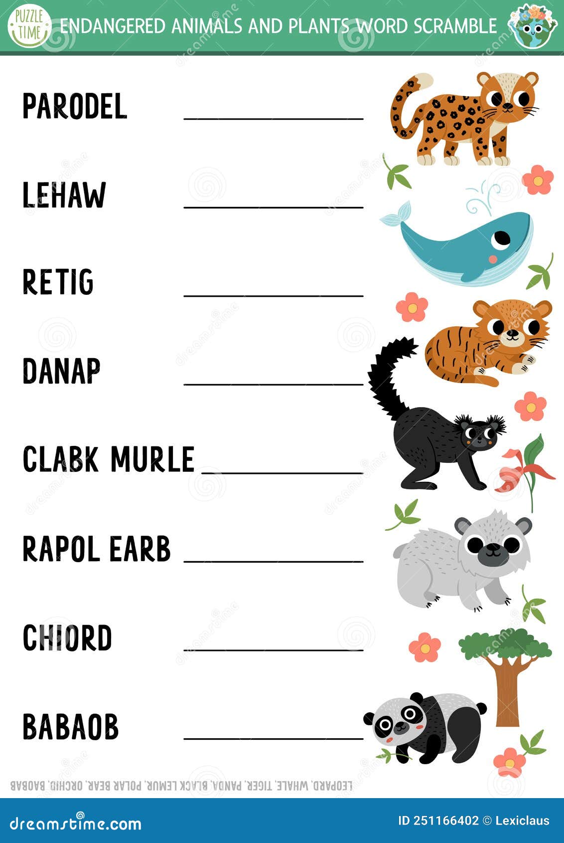 Vector Extinct Animals and Plants Word Scramble Activity Page. English Language Game with Whale, Leopard, Panda for Kids Stock Vector - Illustration of endangered, green: 251166402 Vector Extinct Animals and Plants Word Scramble Activity Page. English Language Game with Whale, Leopard, Panda for Kids Stock Vector - Illustration of endangered, green: 251166402