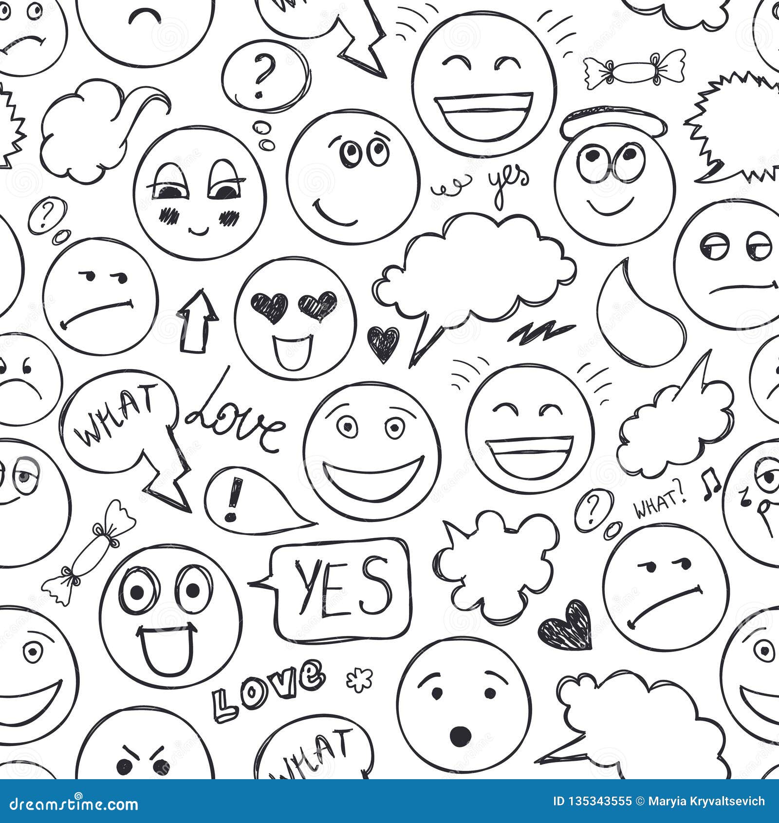  faces seamless pattern. emotions, doodle, freehand drawing background.