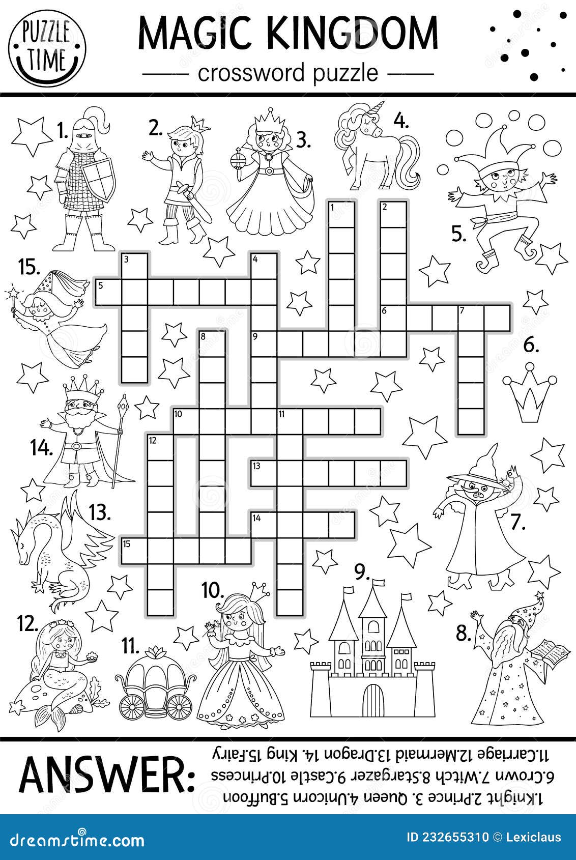 Vector Fairytale Black and White Crossword Puzzle for Kids. Simple Line ...