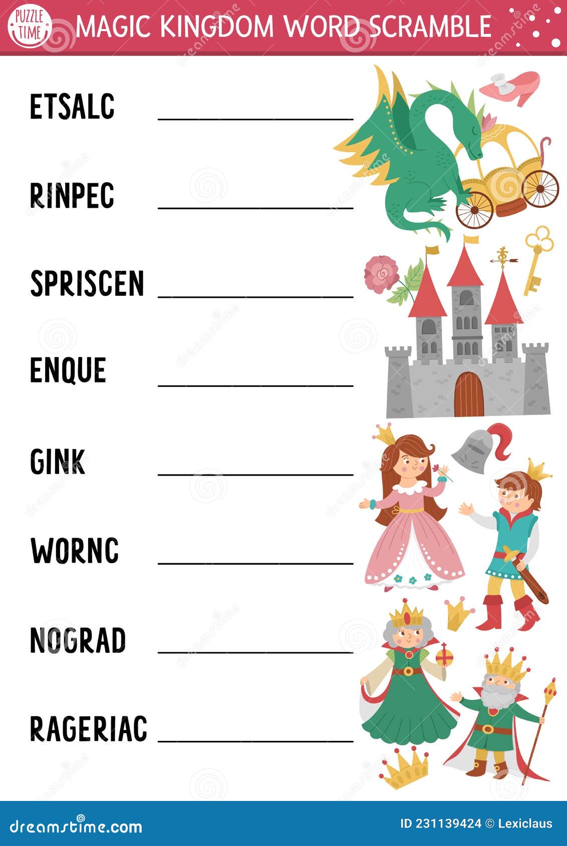 Vector Fairytale Word Scramble Activity Page. English Language Game with  Castle, King, Princess, Queen for Kids Stock Vector - Illustration of  character, game: 231139424