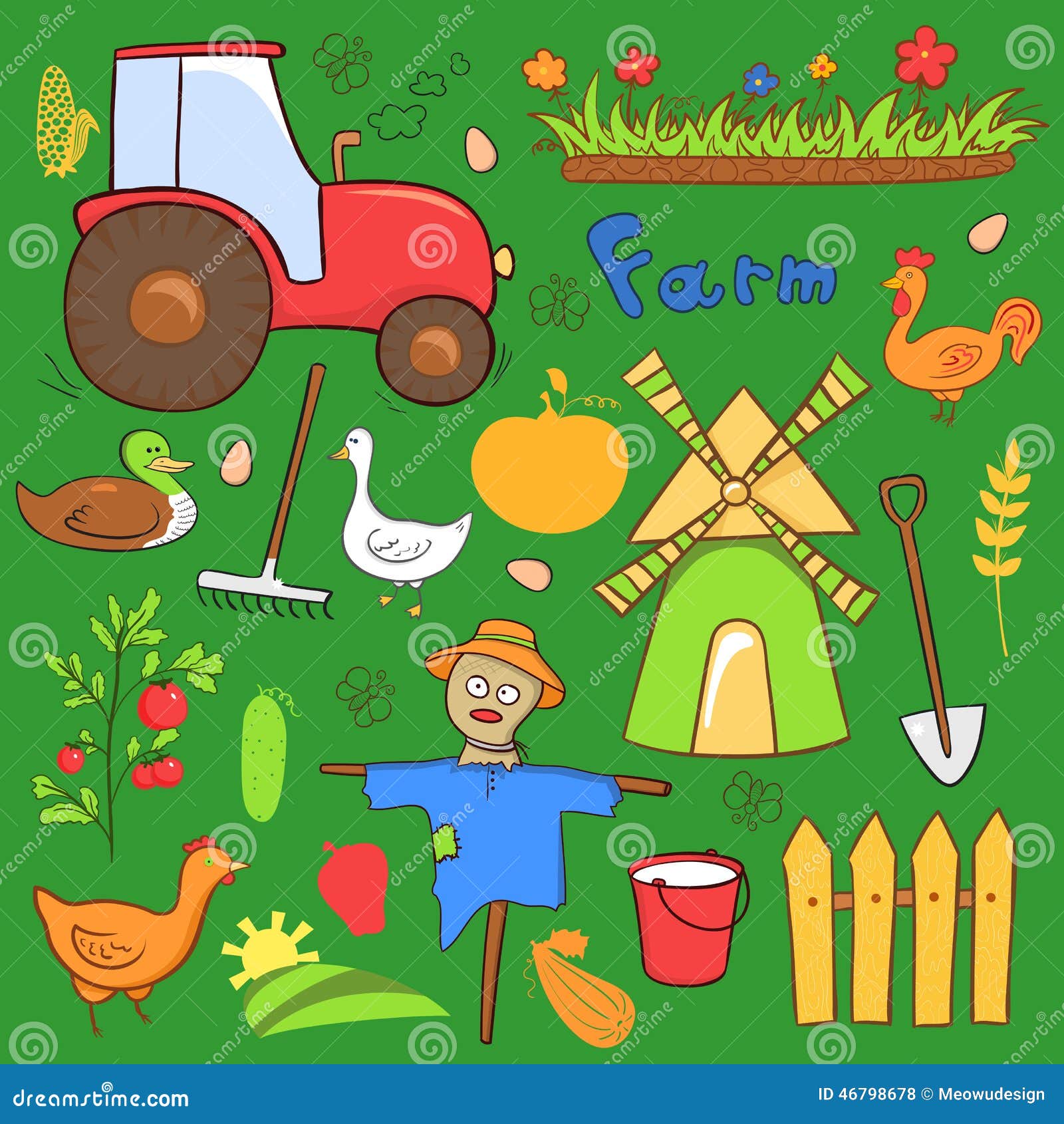Vector Farm Cute Illustrations Set in Doodle Style Stock Vector