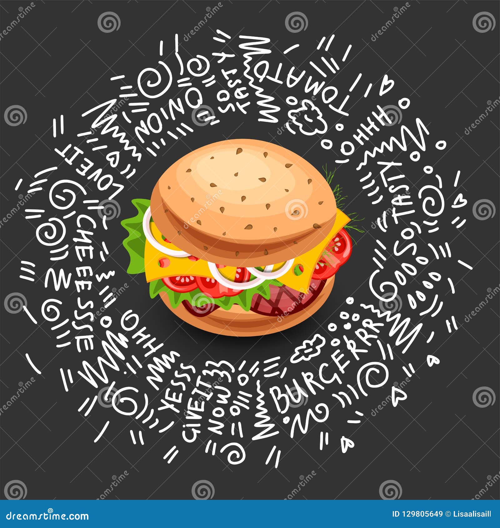 Vector Fast Food Burger Icon, Isolated on Black Background. Junk Food  Burger with Cheese, Meat, Greens Stock Vector - Illustration of greens,  grilled: 129805649