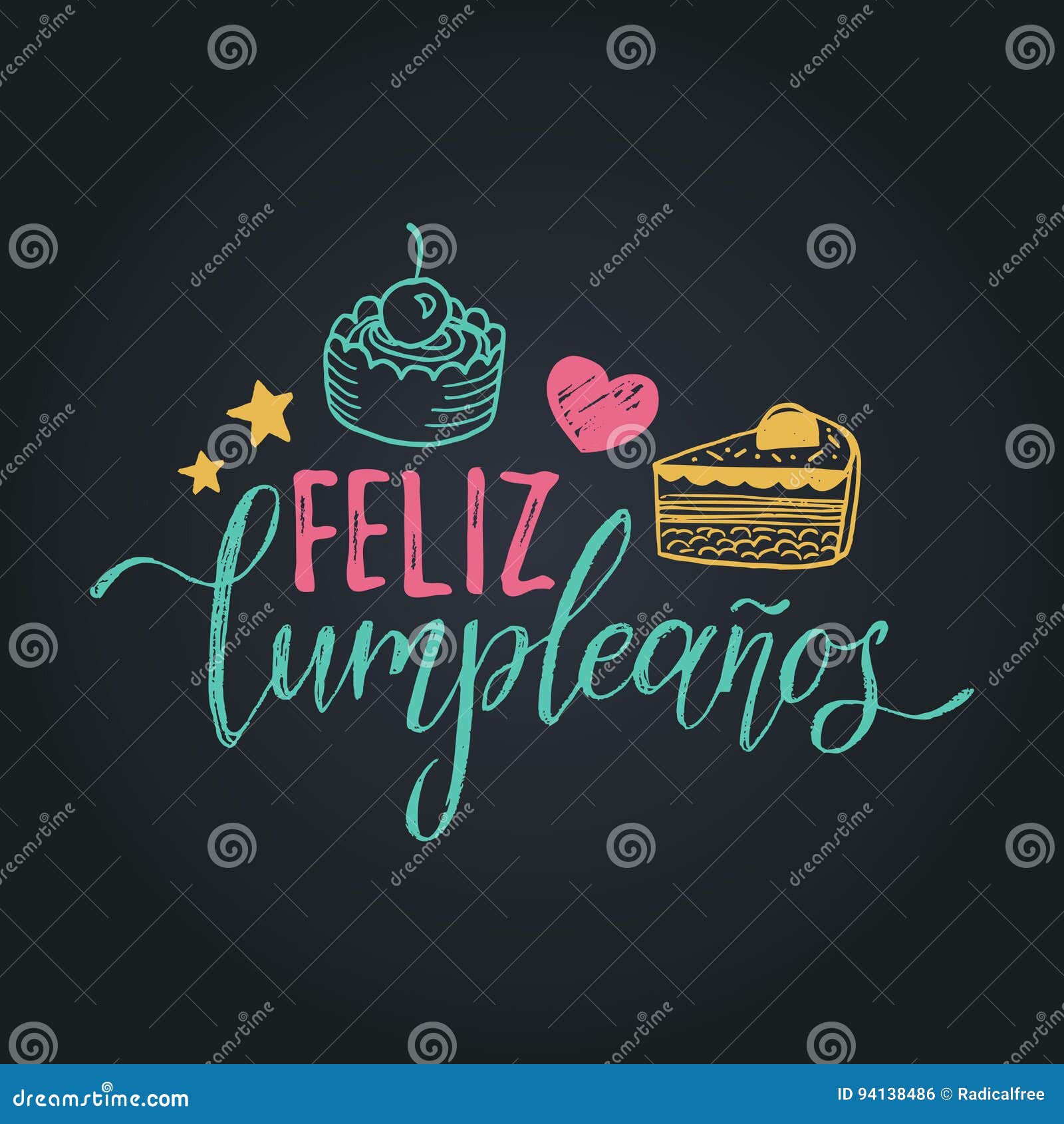  feliz cumpleanos, translated happy birthday lettering . festive  with cake for greeting cards.