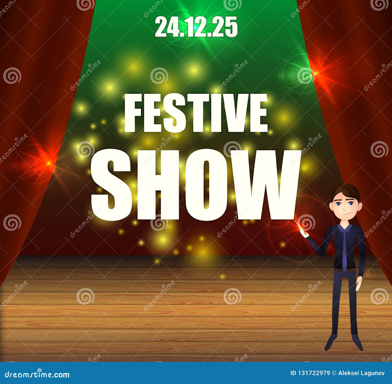Vector Festive Show Flyer Colorful Shining Background With Stage And Light Spots Man Pointing On Text Stock Vector Illustration Of Magician Abstract 131722979