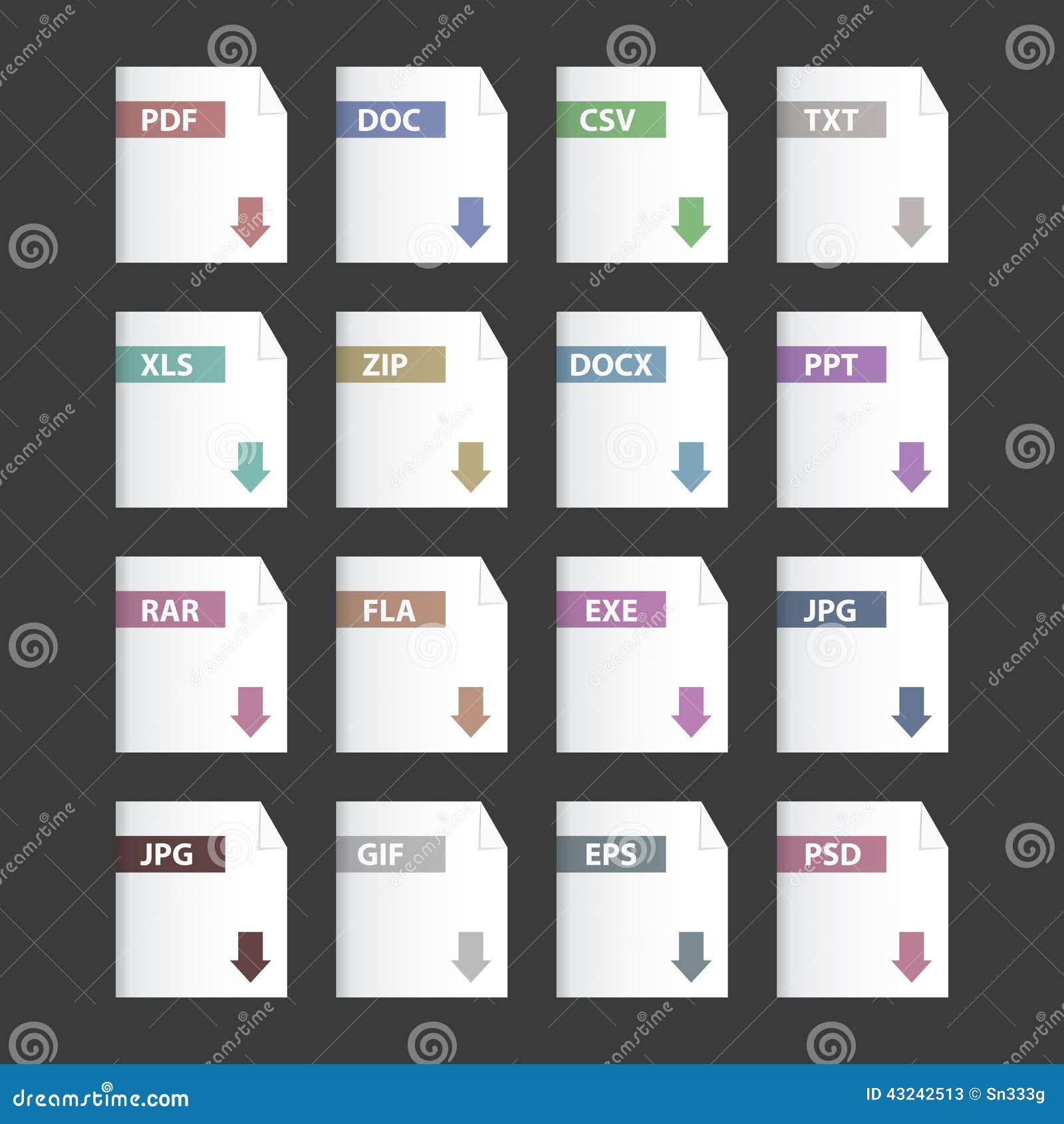 File type icons. Format and extension of documents. Set of pdf, doc, excel,  png, jpg, psd, gif, csv, xls, ppt, html, txt and others. Icons for download  on computer. Graphic templates for