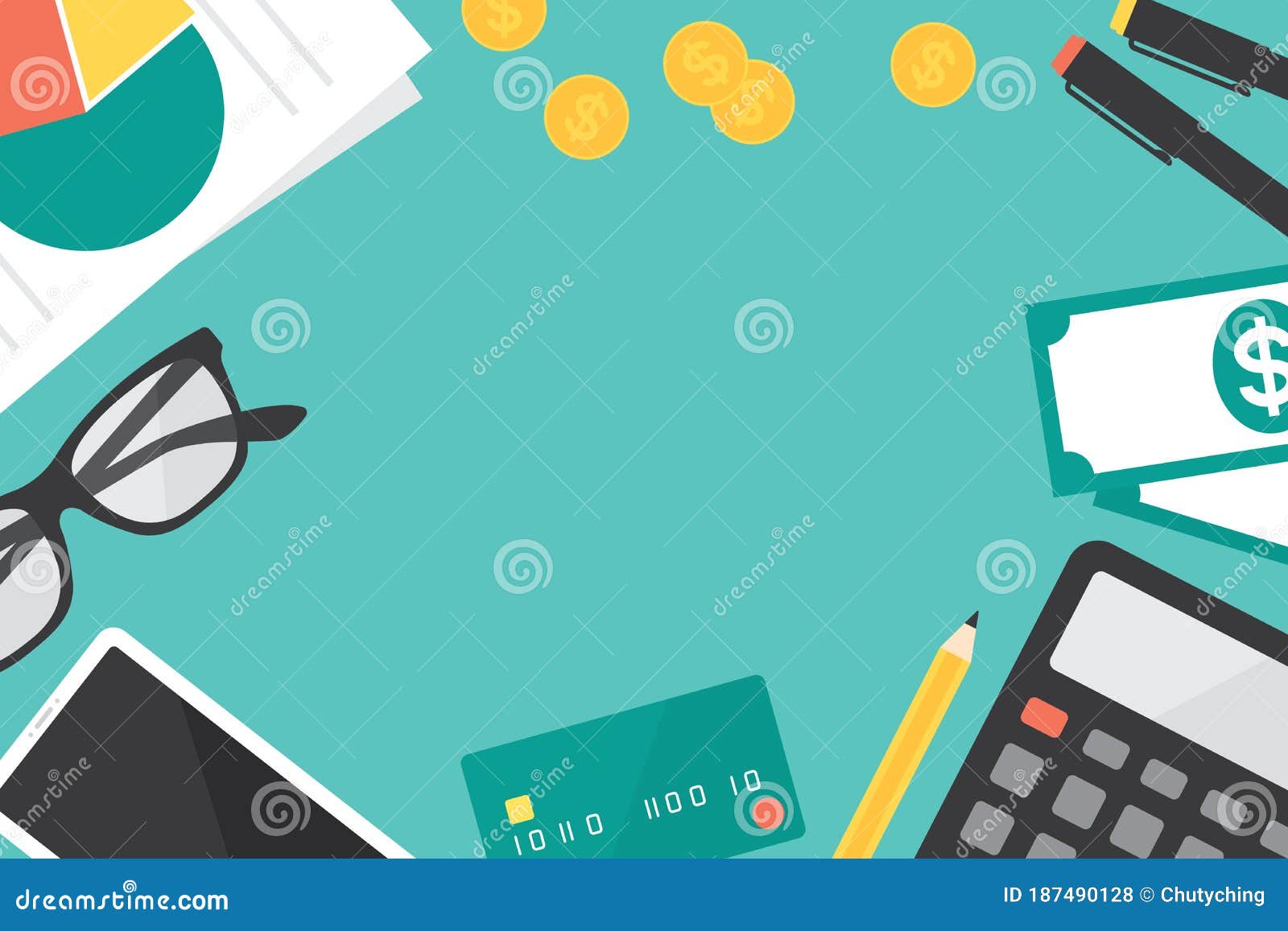 Top View Image of Accountants Workspace with Office Supplies. Business