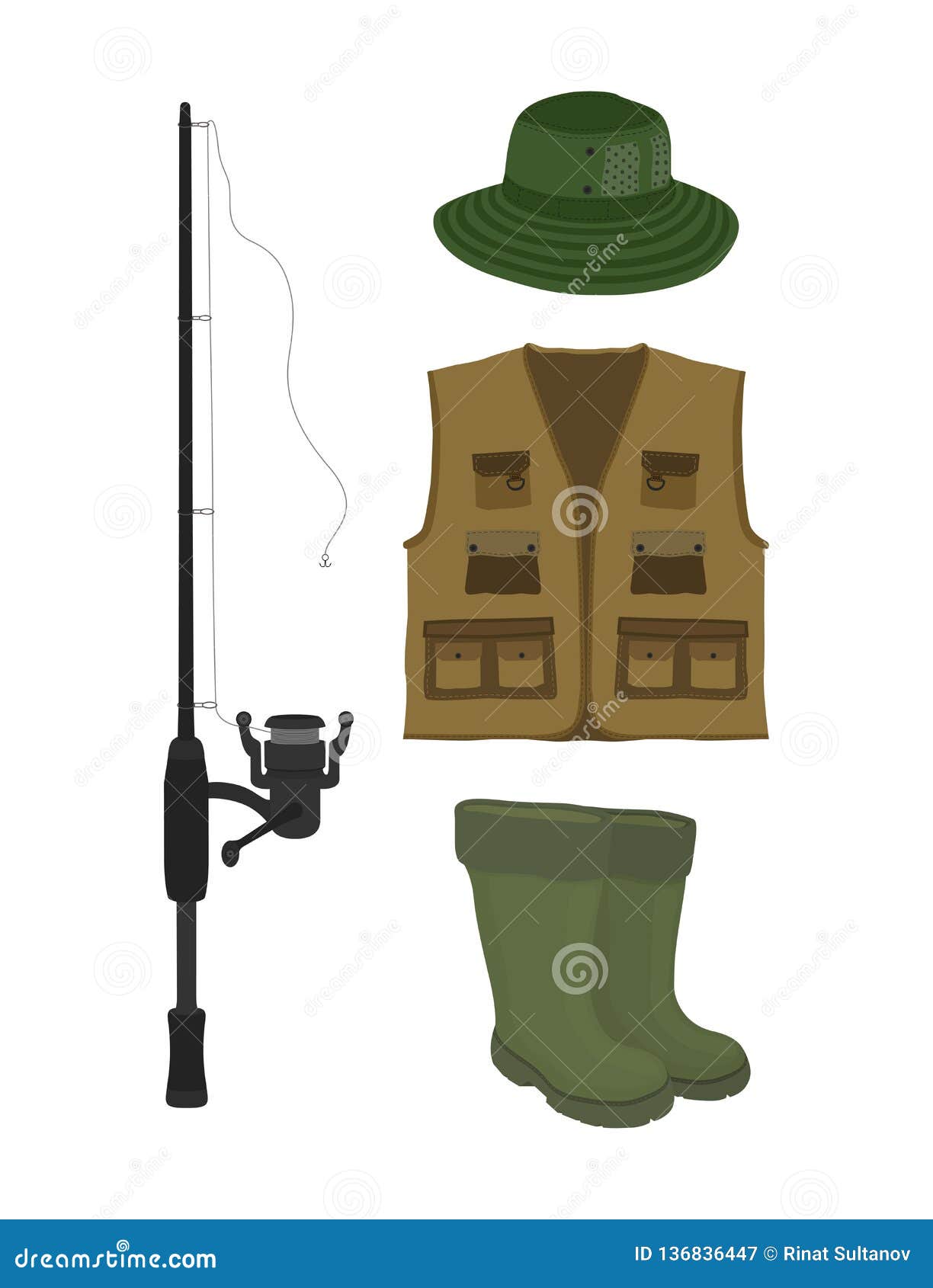  fishing collection. fish-rod, boots, waders, vest and hat