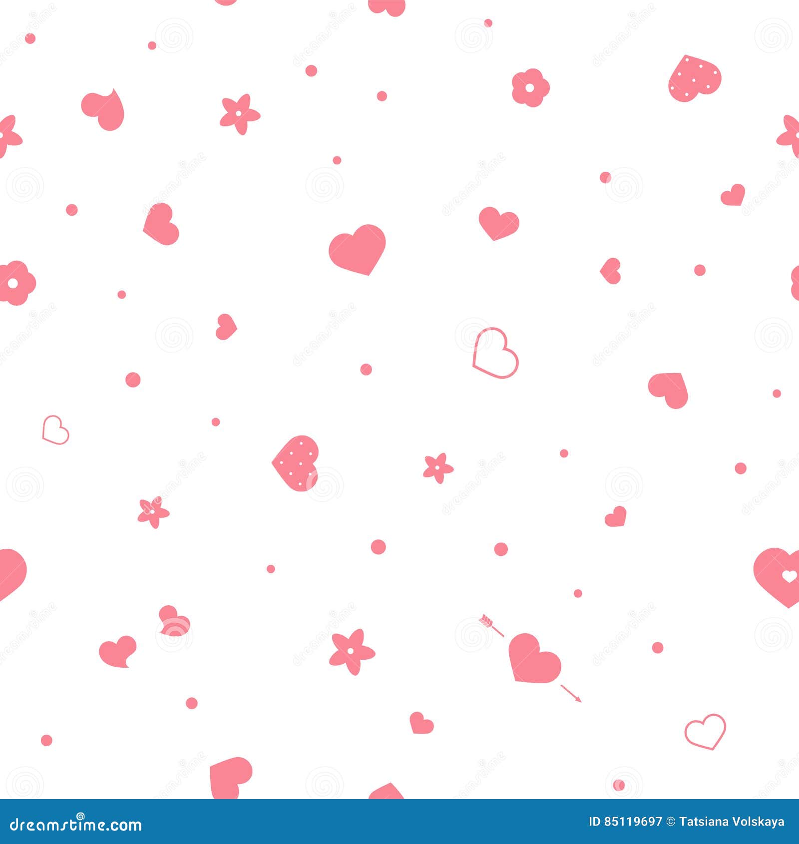 Vector Flat Love Seamless Pattern With Hearts And Flowers. Cute