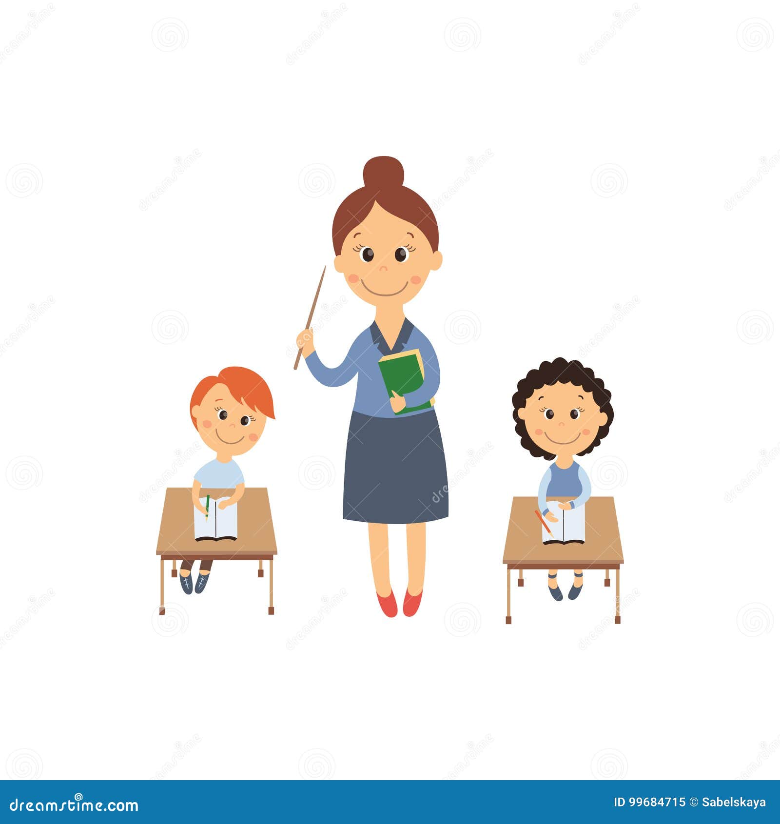 Vector Flat Girl Boy Sitting At Desk And Teacher Stock Vector