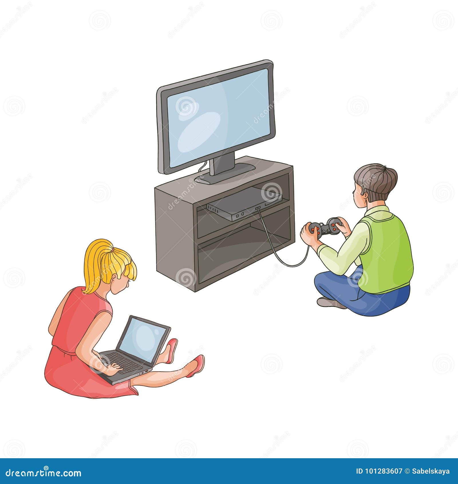 Vector Boy Playing Video Game Girl Using Laptop Stock Vector