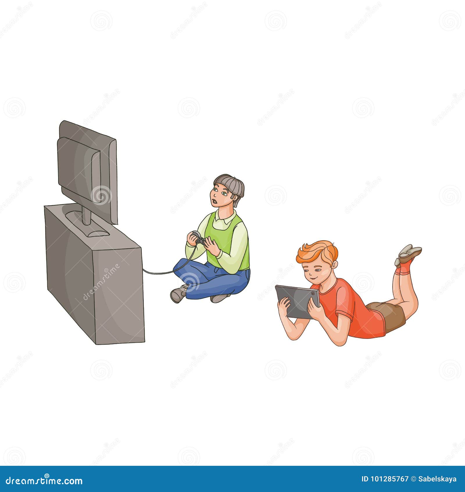 Vector Boy Playing Video Game Kid Using Laptop Stock Vector
