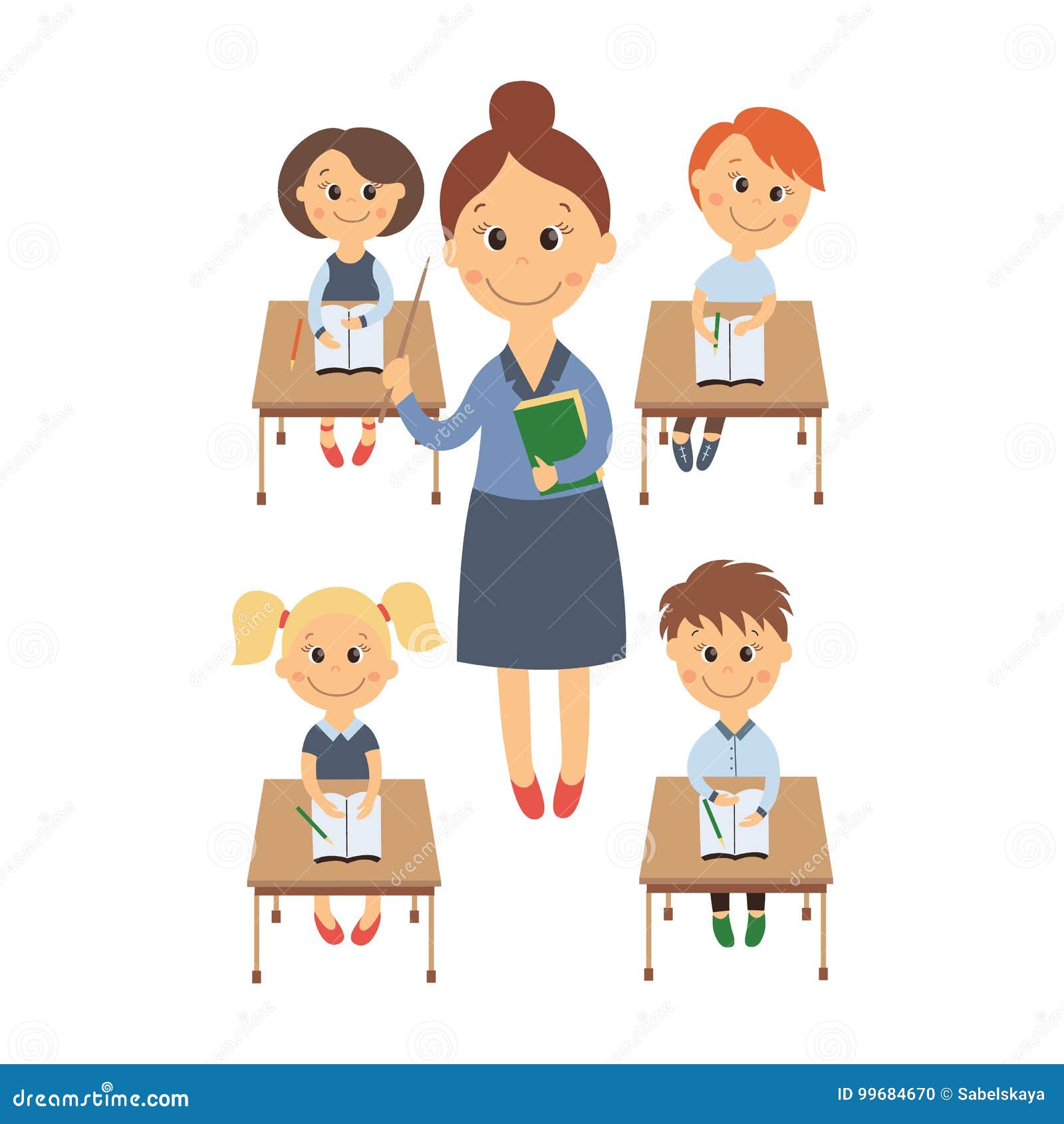 Vector Flat Children Sitting At Desk Teacher Set Stock Vector