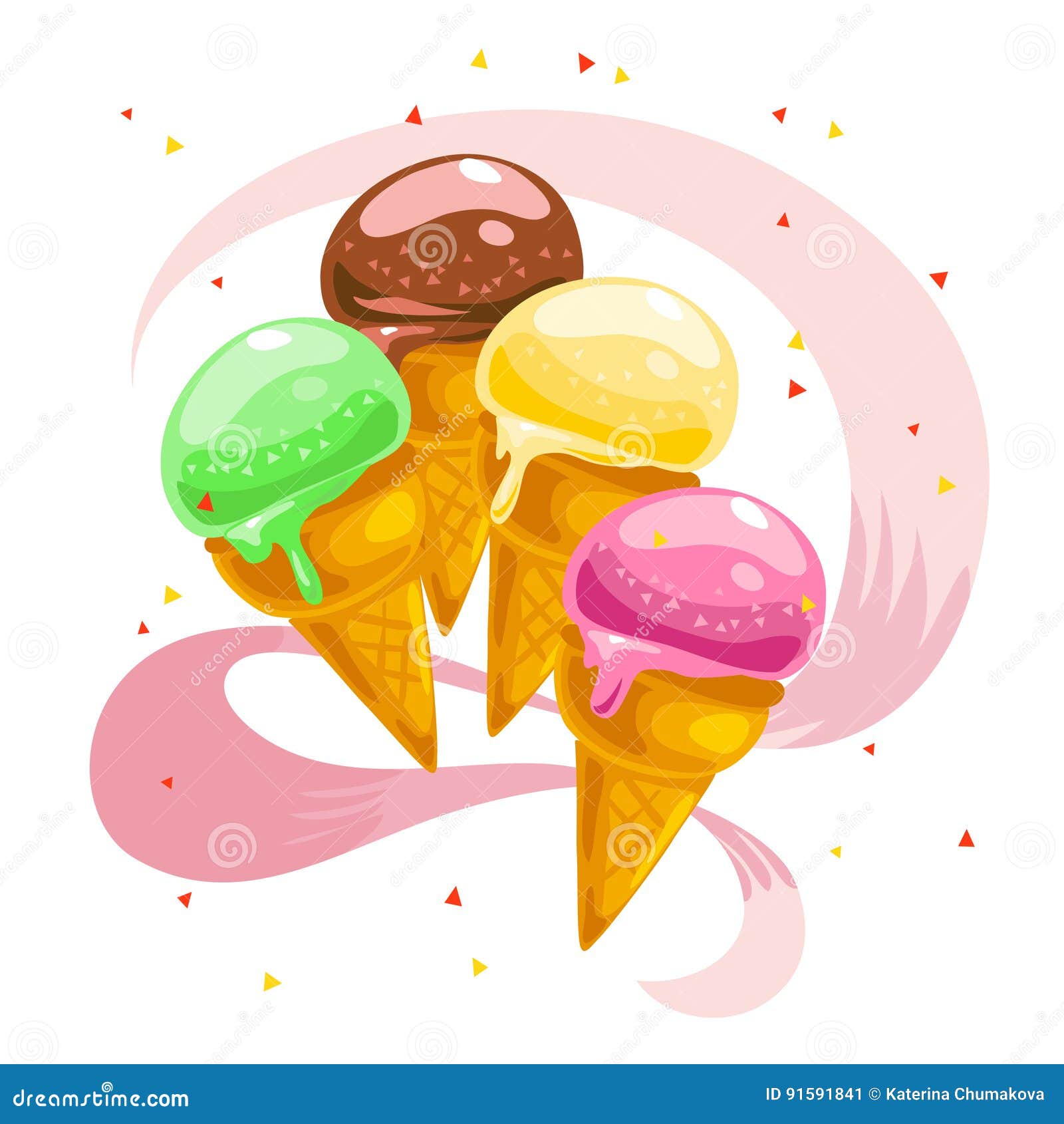  flat collection of tasty sweet ice cream cones  on white background.