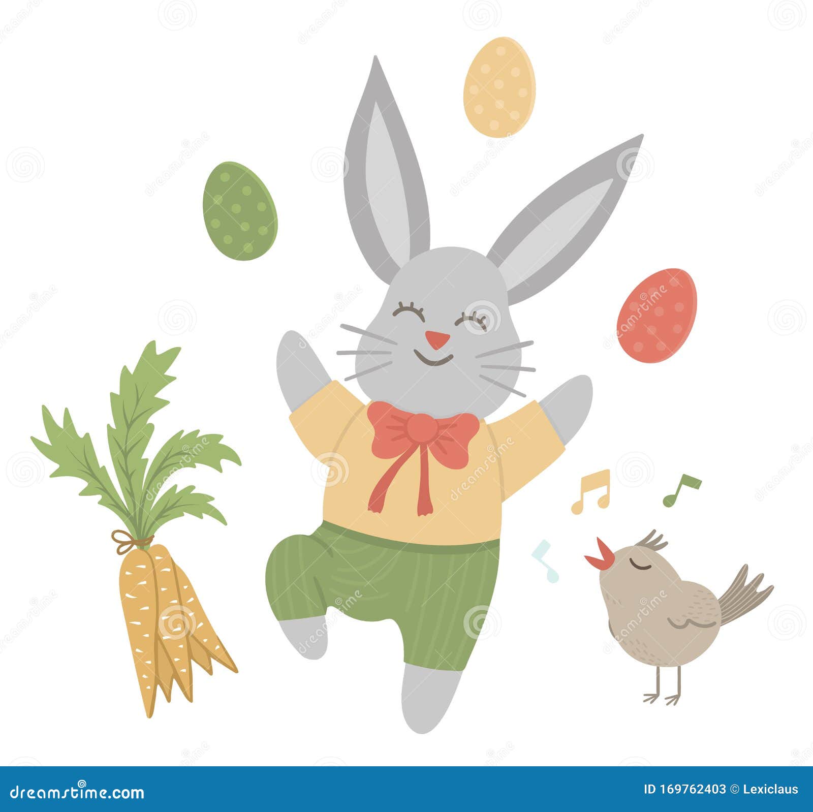  flat funny bunny with colored eggs, carrot and singing bird. cute easter . spring holiday picture  on