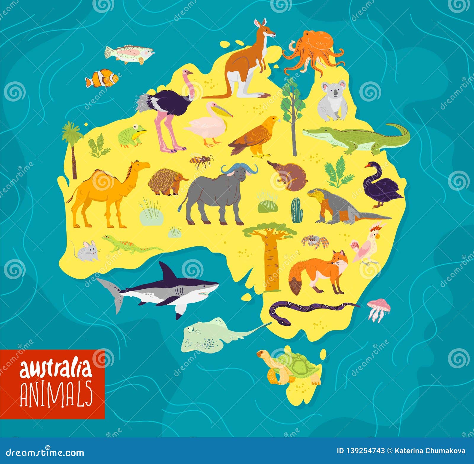 Vector Flat Illustration of Australia Continent, Animals and Plants:  Parrot, Camel, Kangaroo, Crocodile, Ostrich, Koala, Turtle an Stock Vector  - Illustration of australian, infographics: 139254743