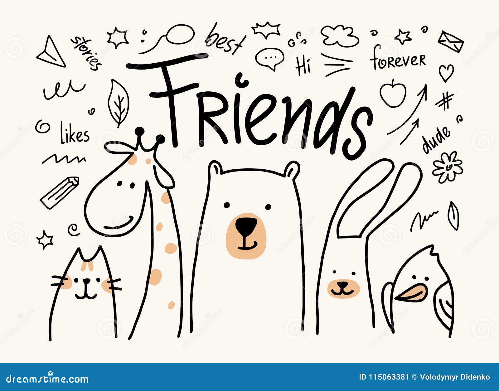 Five Animals Friends Vector Cute Flat Illustration. Cartoon Card with Cat,  Bear, Giraffe, Rabbit and Bird Stock Vector - Illustration of buddy, dude:  115063381
