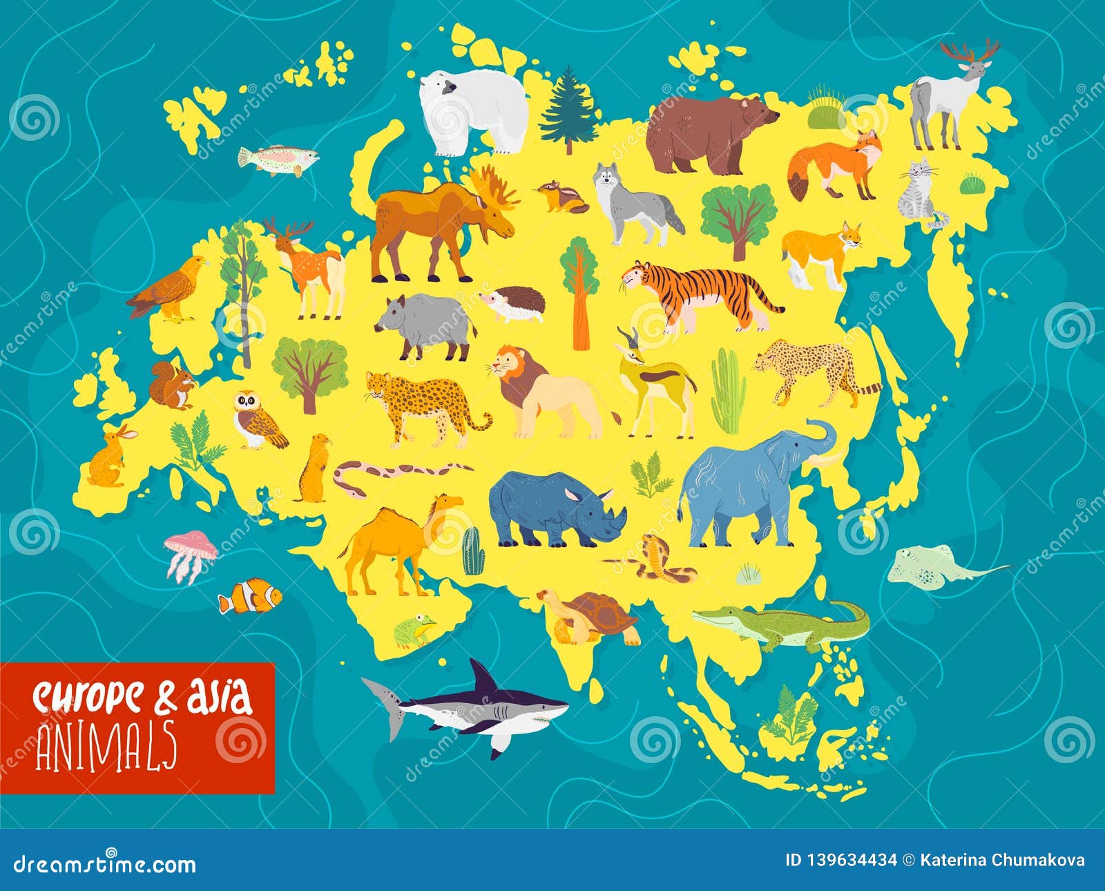 Vector Flat Illustration Europe Asia Continent Animals Plants Polar Bear Moose Squirrel Wolf Elephant Tiger Rhino Crocodile 139634434 