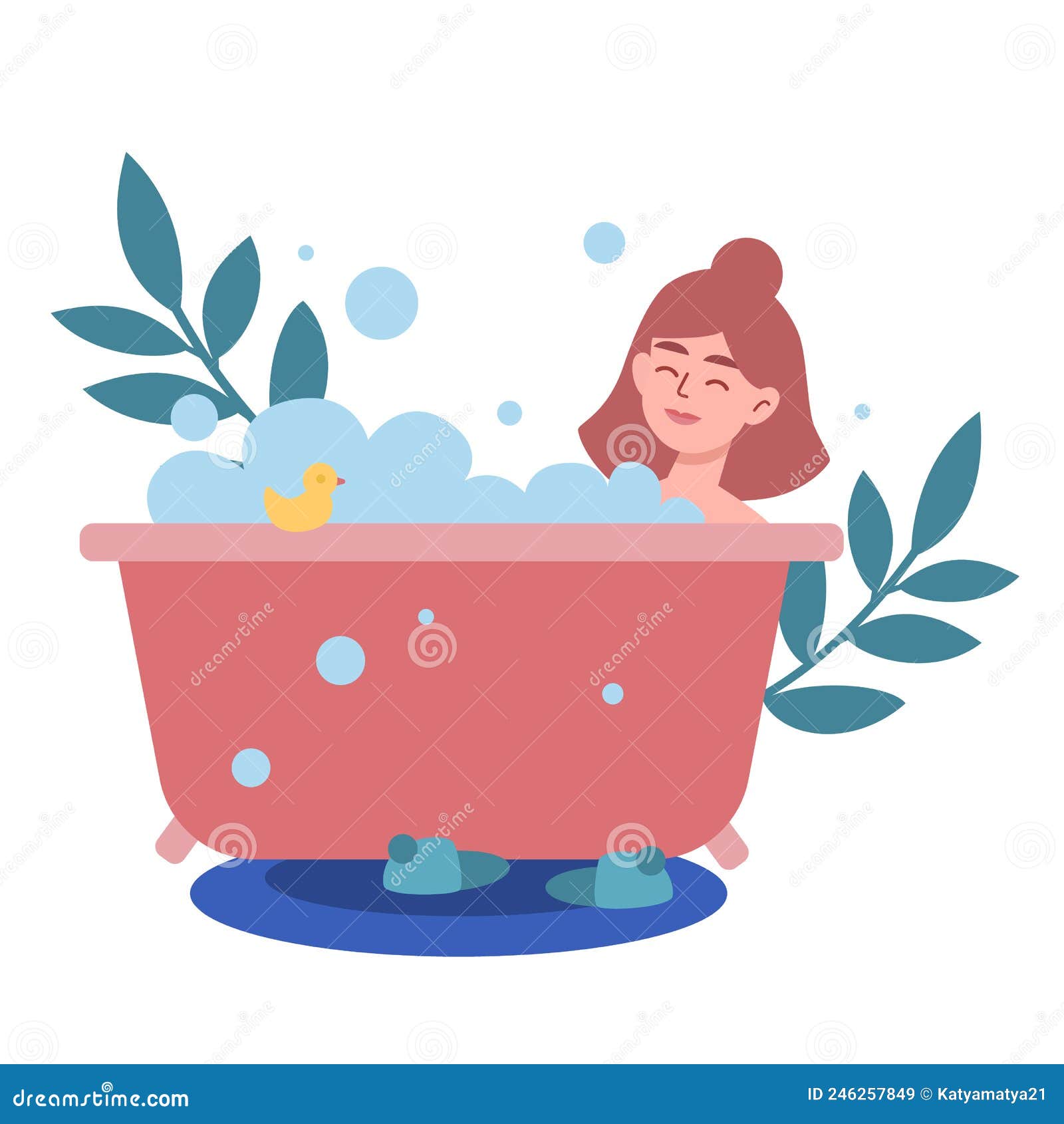 Vector Flat Illustration Isolated on White. Relaxed Girl Lying Bathroom ...