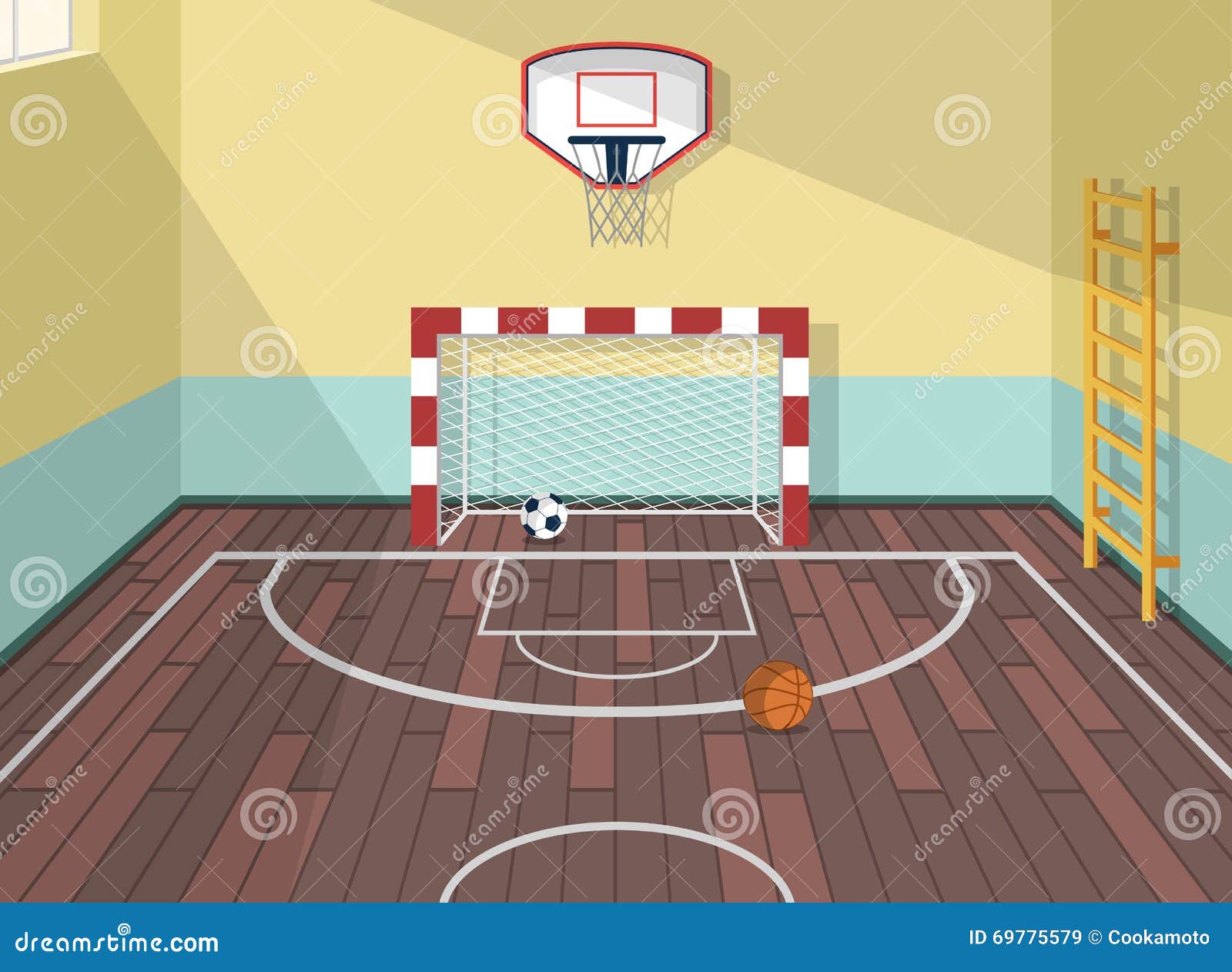  flat  of sport room in institute, college, university, school. basketball, football and soccer balls