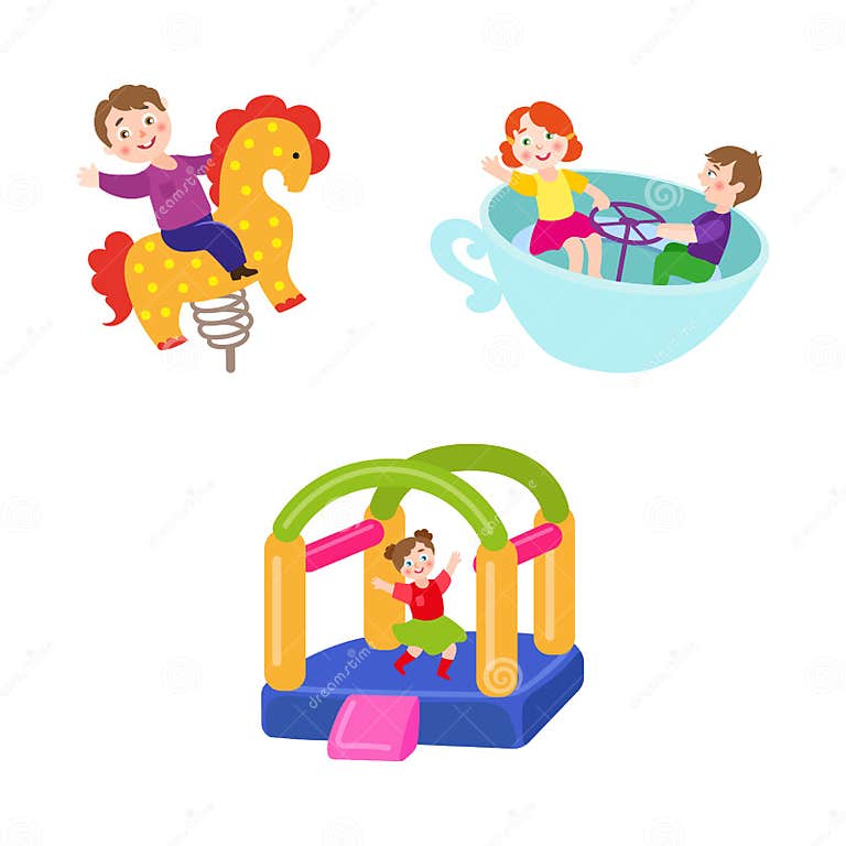 Vector Flat Children At Amusement Park Set Stock Vector Illustration