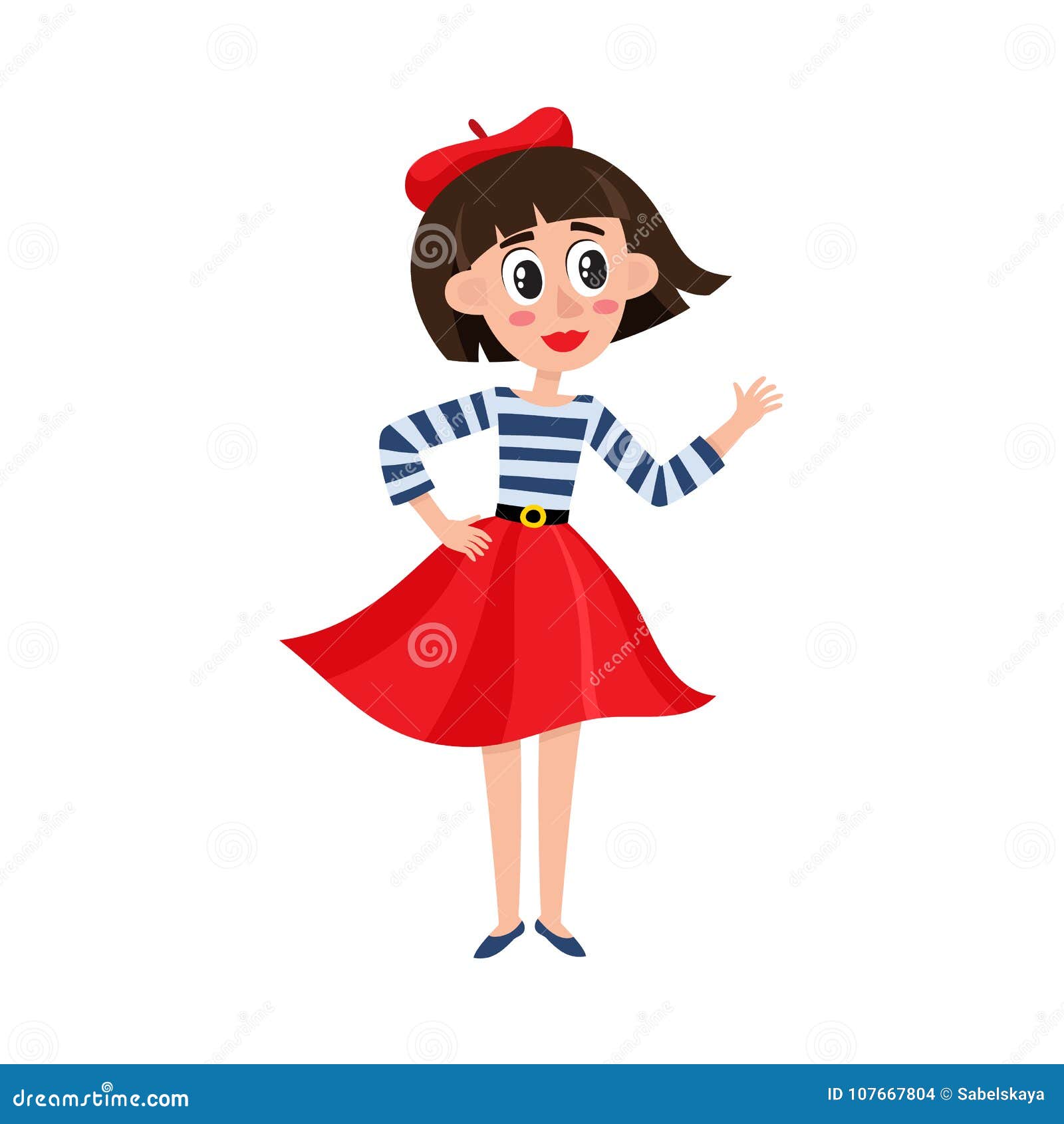 Vector Flat Parisian Girl In Beret Red Dress Stock Vector