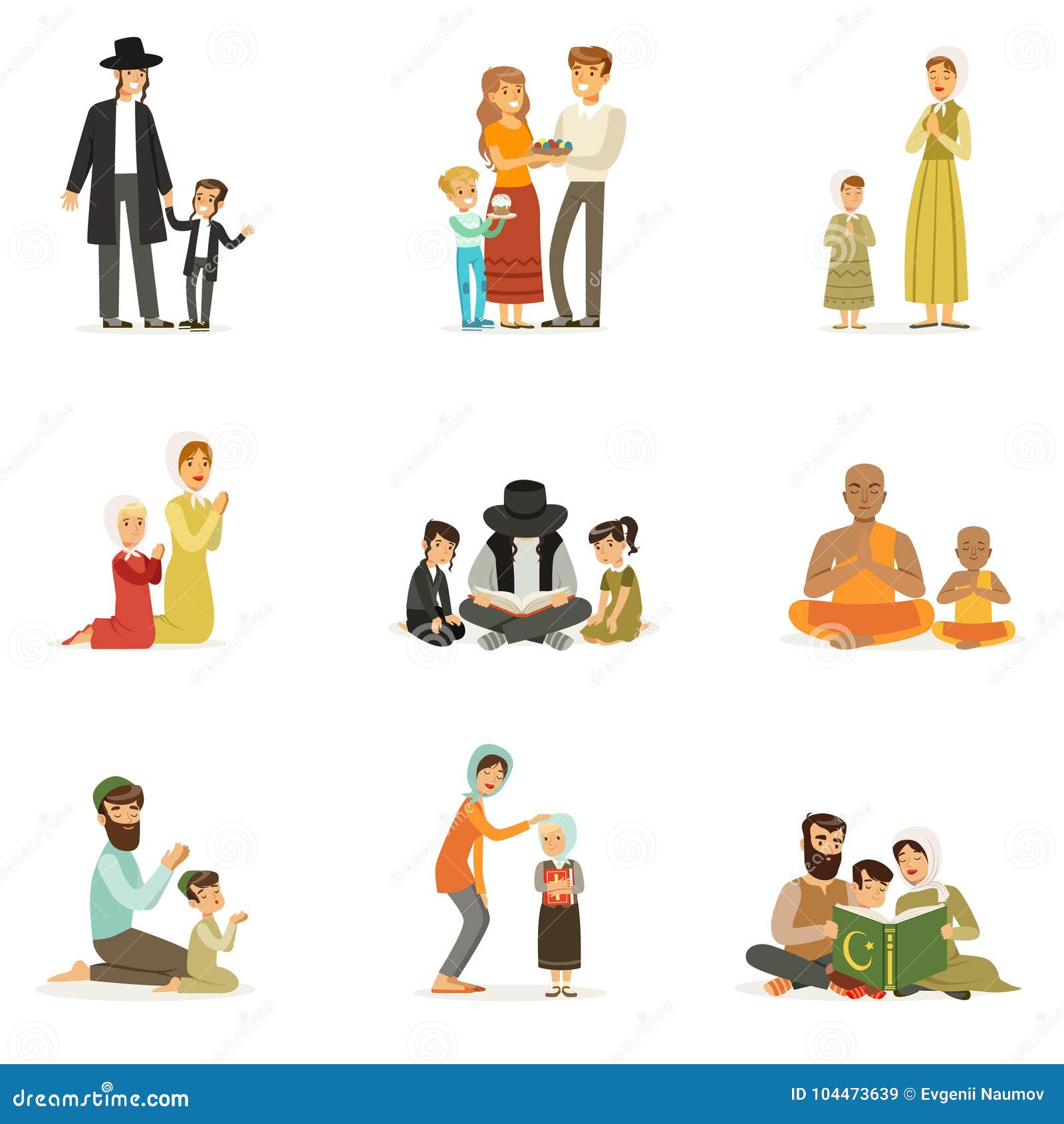  flat people characters of different religions set. jews, catholics, muslims, buddhists. families in national