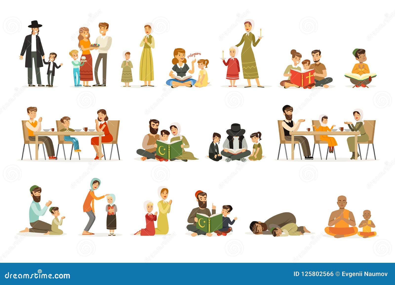  flat people characters of different religions set. jews, catholics, muslims, buddhists. families in national