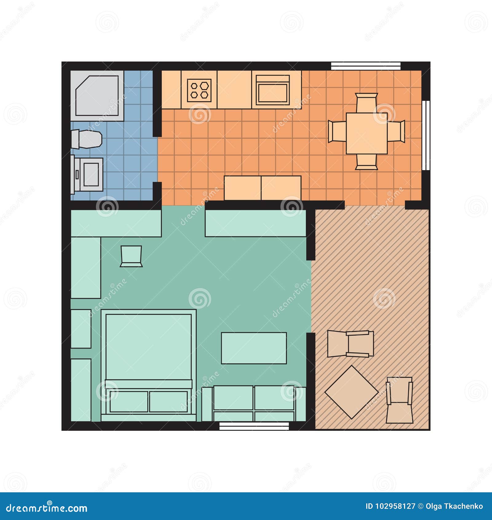 vector-flat-projection-apartment-small-house-plan-with-furniture-colorful-illustration-stock