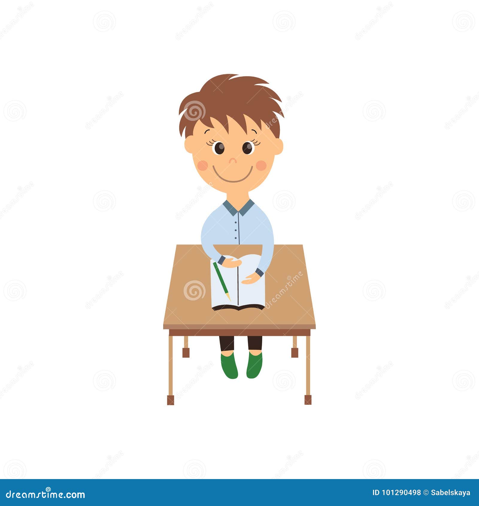 Vector Flat Schoolboy Sitting At Desk Isolated Stock Vector