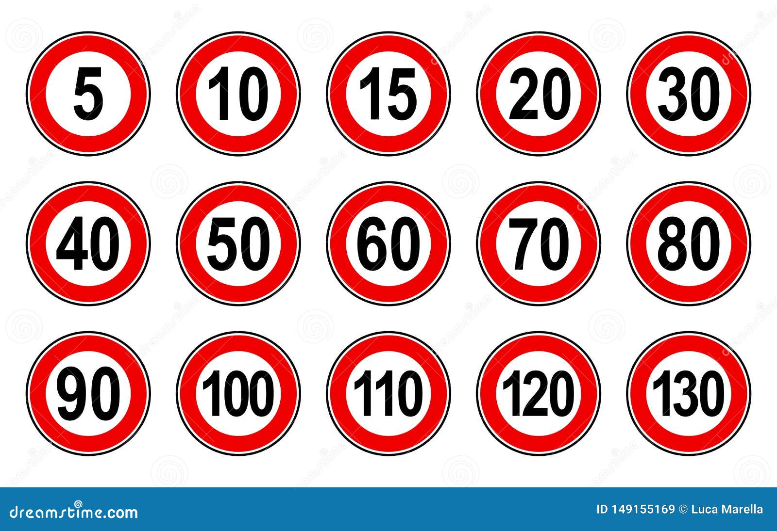  flat style set of generic speed limit signs with black number and red circle