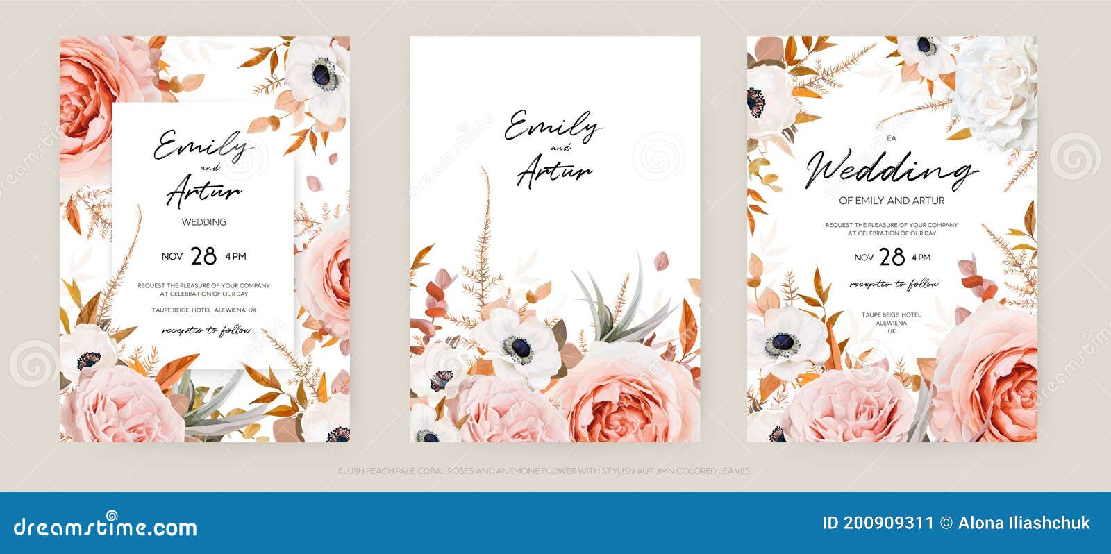  floral autumn wedding invite card template set. lush fall leaves, blush peach, pink and ivory roses, white anemone flowers