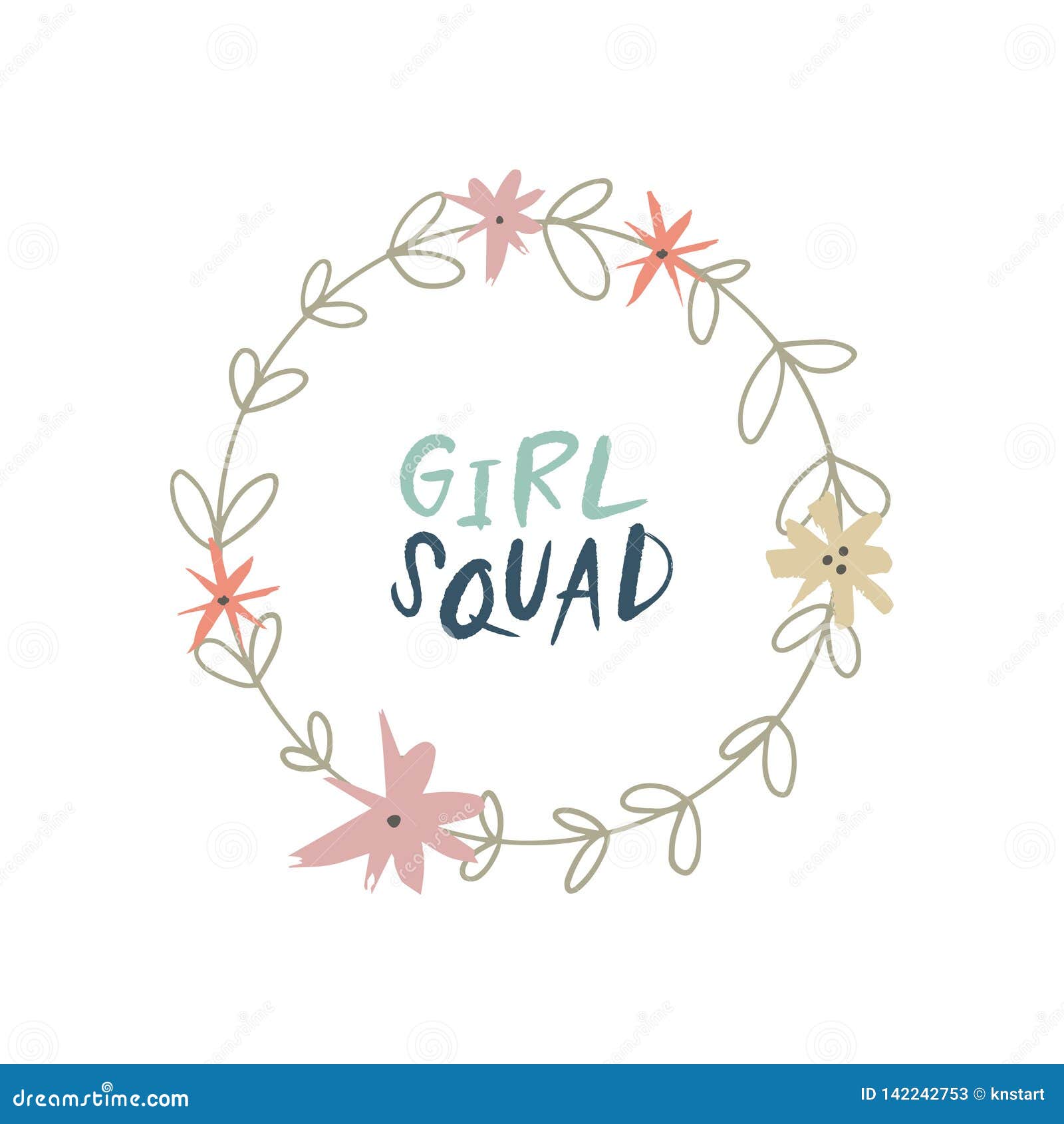  floral frame with lettering, girl power theme,  objects. hand drawn bohemian flowers