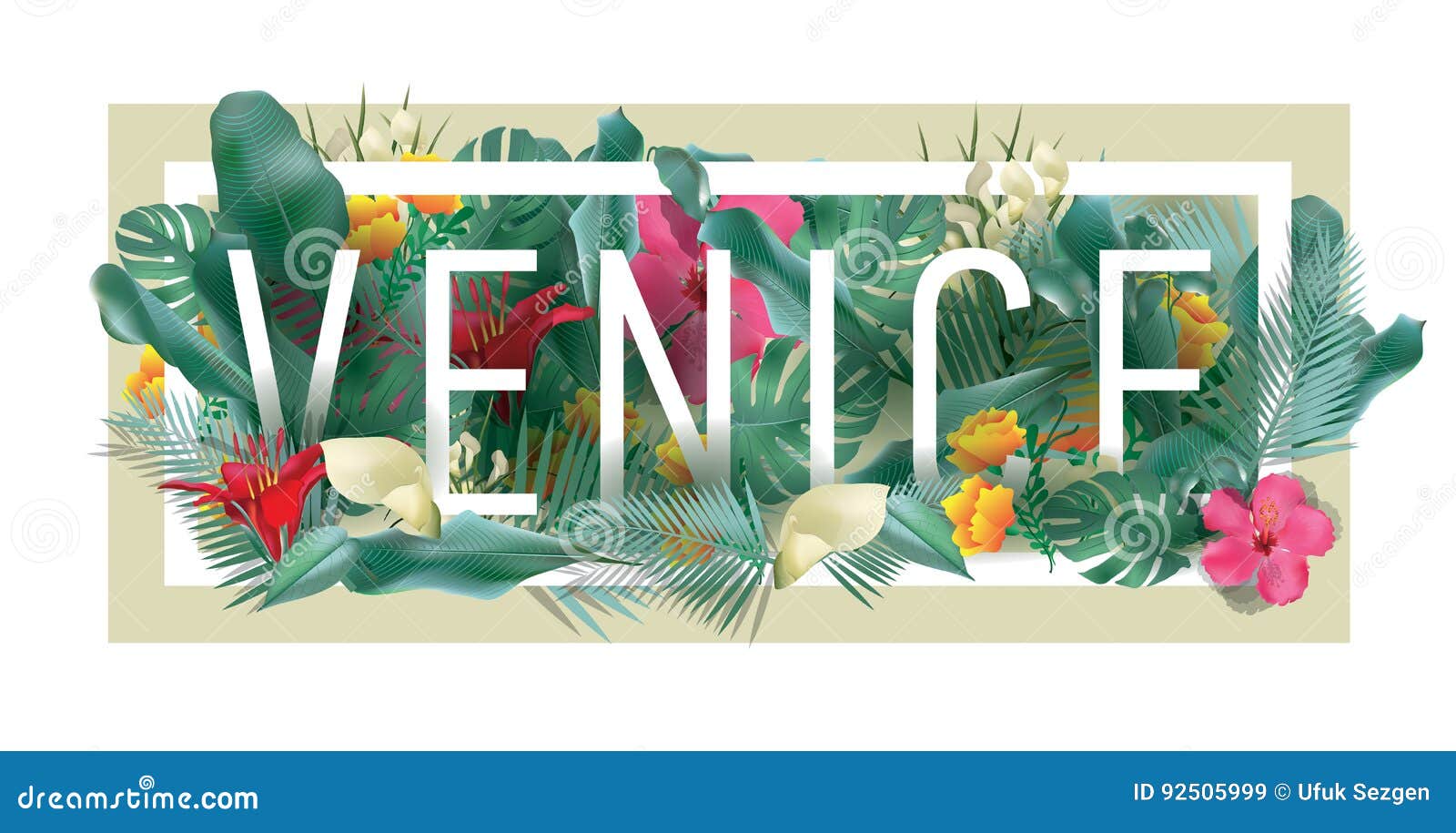 Vector Floral Framed Typographic VENICE City Artwork Stock Vector