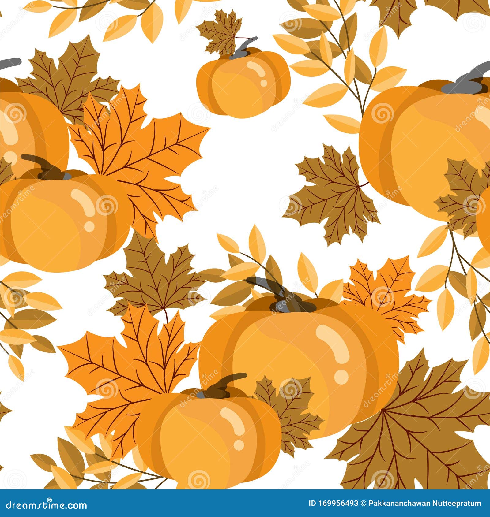 Vector Floral Seamless Pattern with Autumn Leaves, Acorn and Pumpkin ...