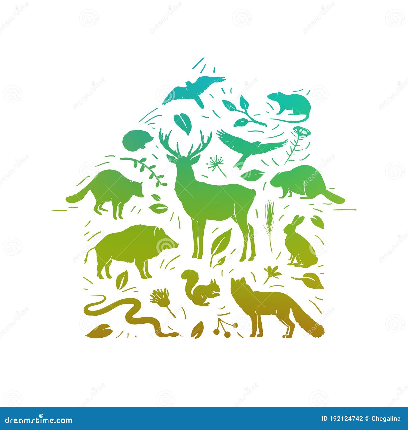 Vector Forest Animals Set. Home for Wild Animal. Flat Animals Silhouettes  in Green Colors. World Animal Day Stock Vector - Illustration of color,  background: 192124742