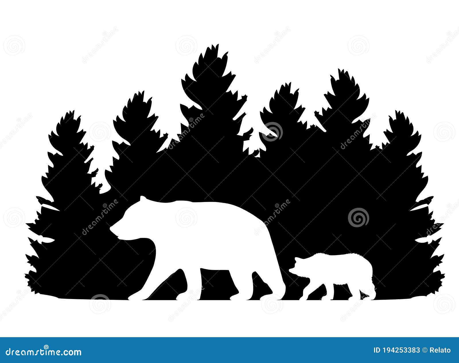  forest with bears. mama bear and baby bear silhouette.