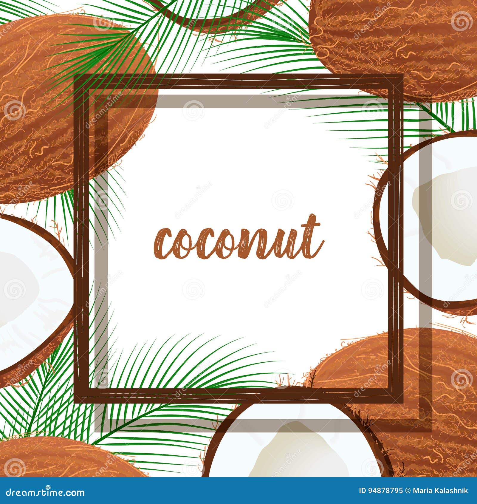 Vector Frame with Coconuts and Tropical Leaves. Stock Illustration