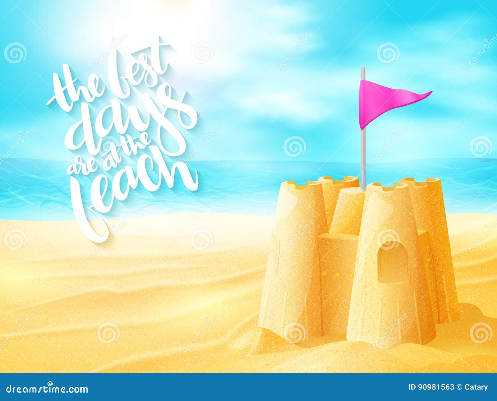 Vector a frase inspirada do ver£o da rotula§£o da m£o o castelo da areia no