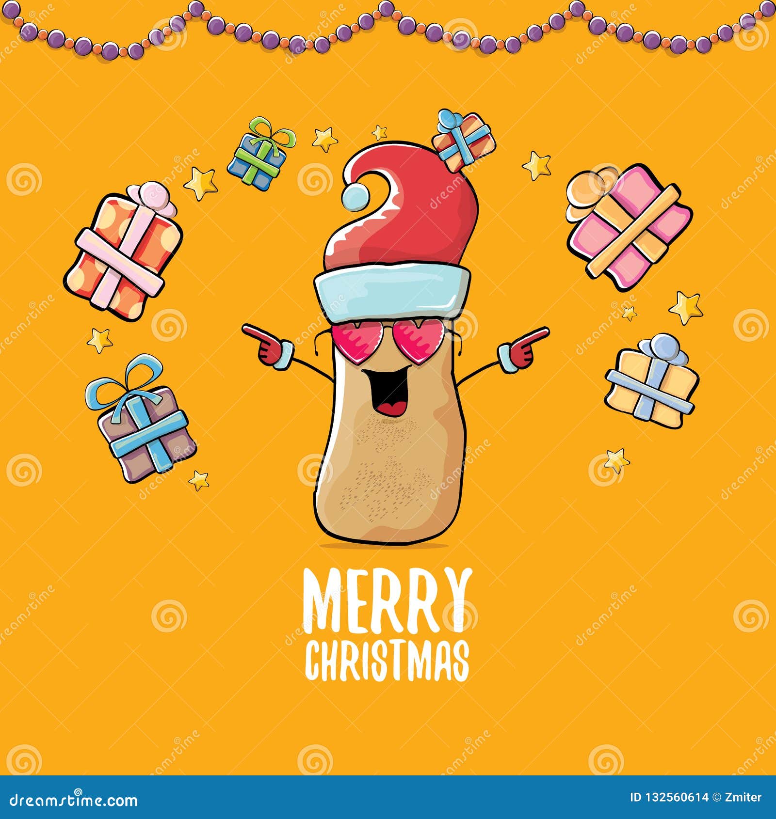 Vector Funky Comic Cartoon Cute Brown Smiling Santa Claus Potato With Red Santa Hat, Gifts And