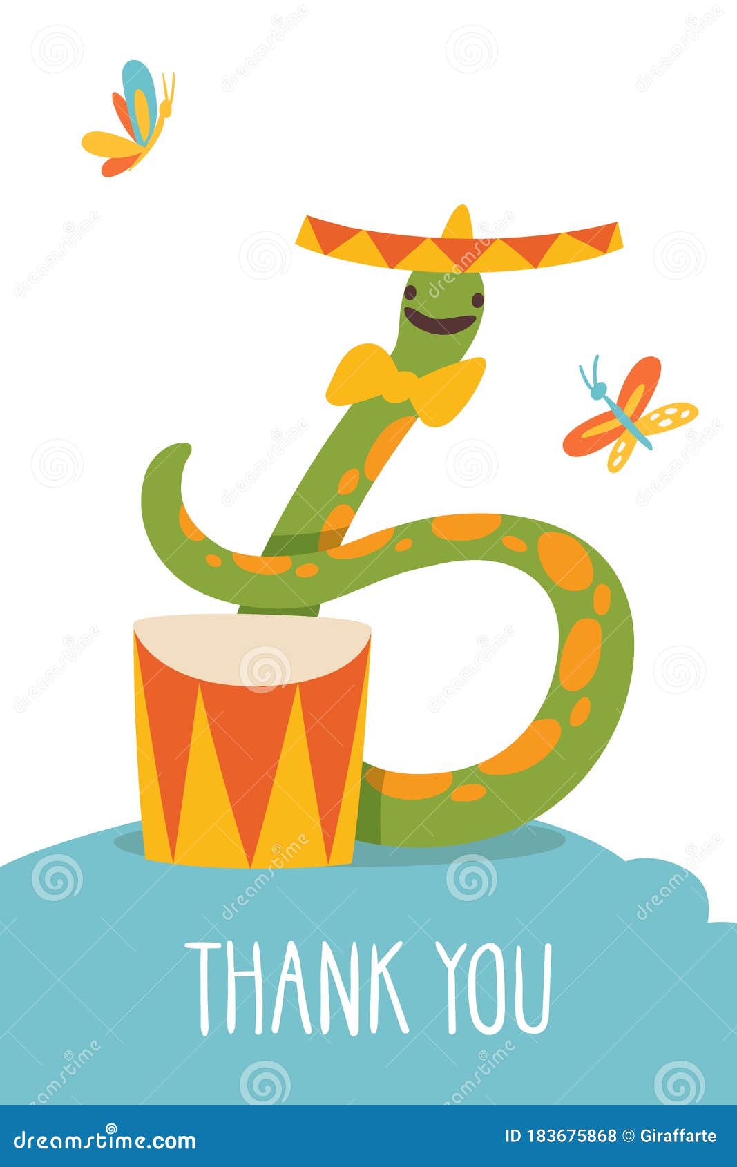 Vector Funny Cartoon Hand Drawn Thank You Card with Snake Playing Music.  Stock Vector - Illustration of american, concept: 183675868