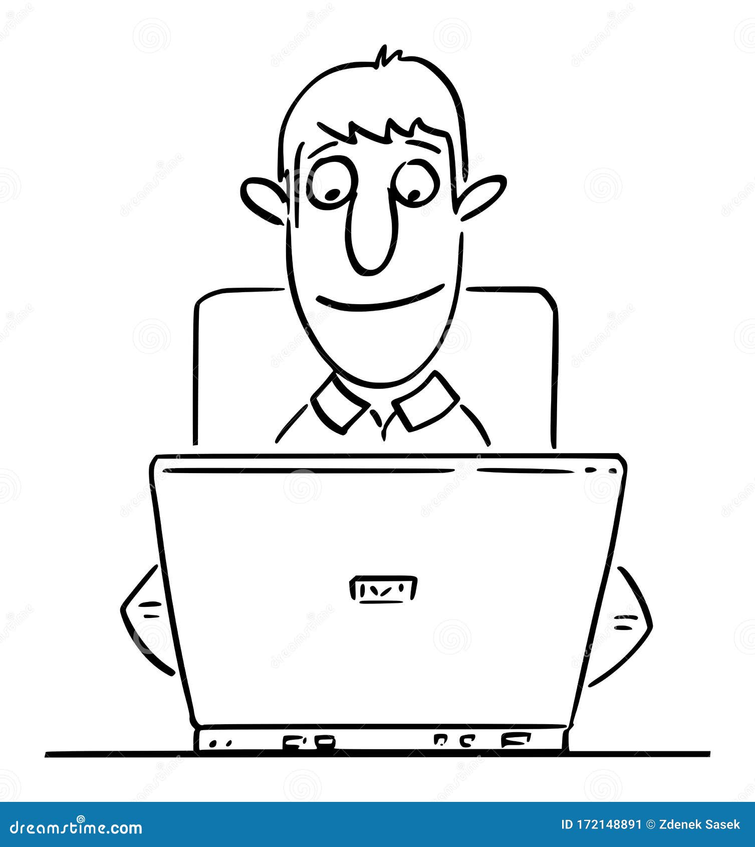 Vector Comic Cartoon of Happy Businessman or Man or Office Worker or Author  Typing or Working on Computer Stock Vector - Illustration of smile, comedy:  172148891