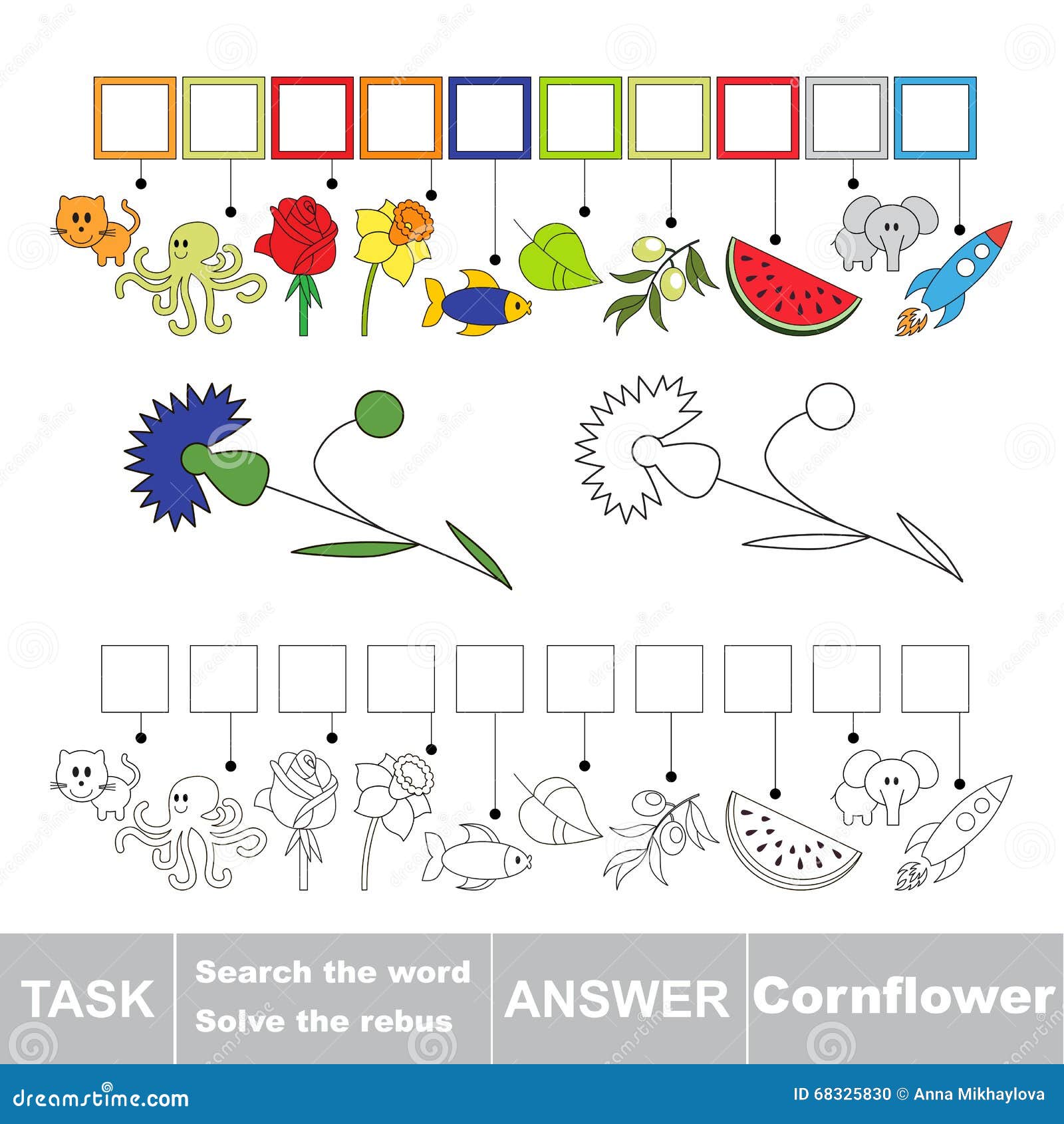 Vector Game. Search the Word. Find Hidden Word Cornflower Stock Vector