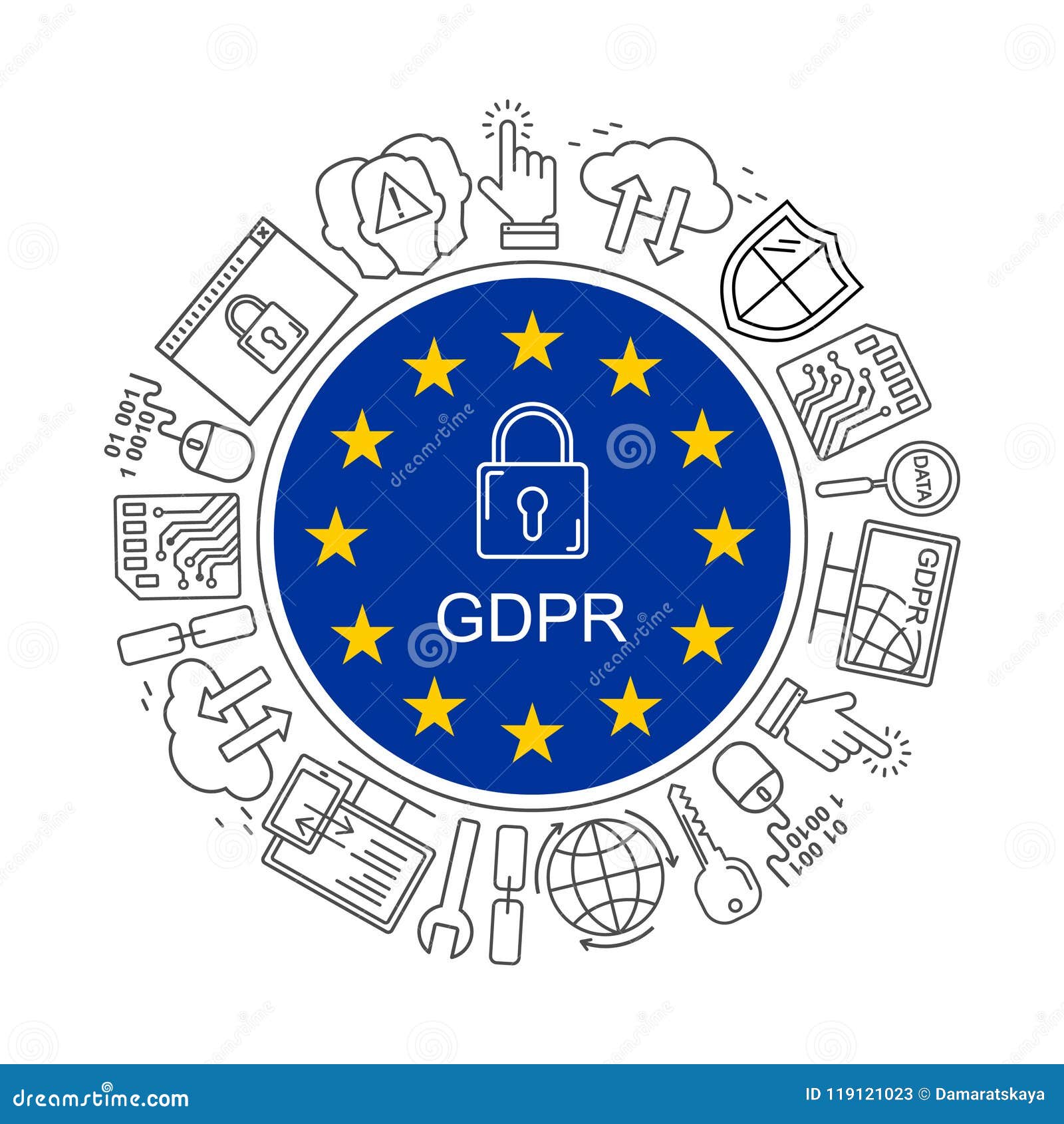 Vector GDPR - Modelo De Regla De La Protección De Datos General Con La  Línea Iconos Del Estilo La Privacidad Y La Seguridad Del W Ilustración del  Vector - Ilustración de seguridad,