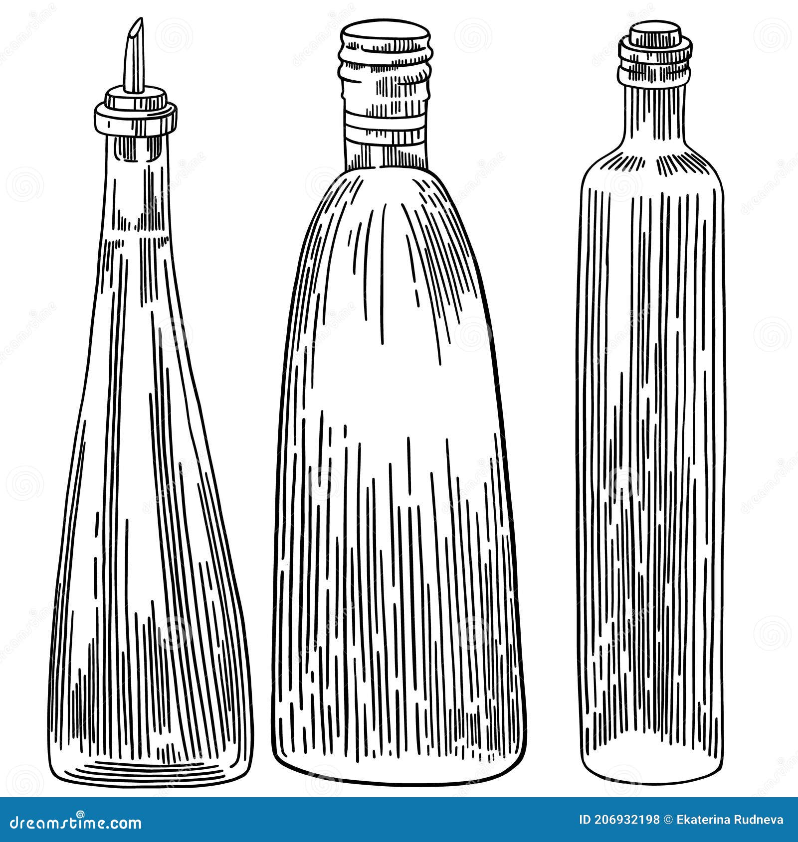 Vector Glass Bottles in Hand Drawn Ink Style, Engraving Isolated on