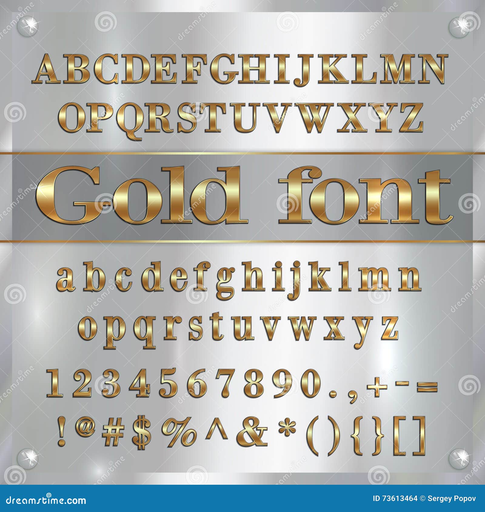 Vector Gold Coated Alphabet Letters, Digits and Punctuation on Silver