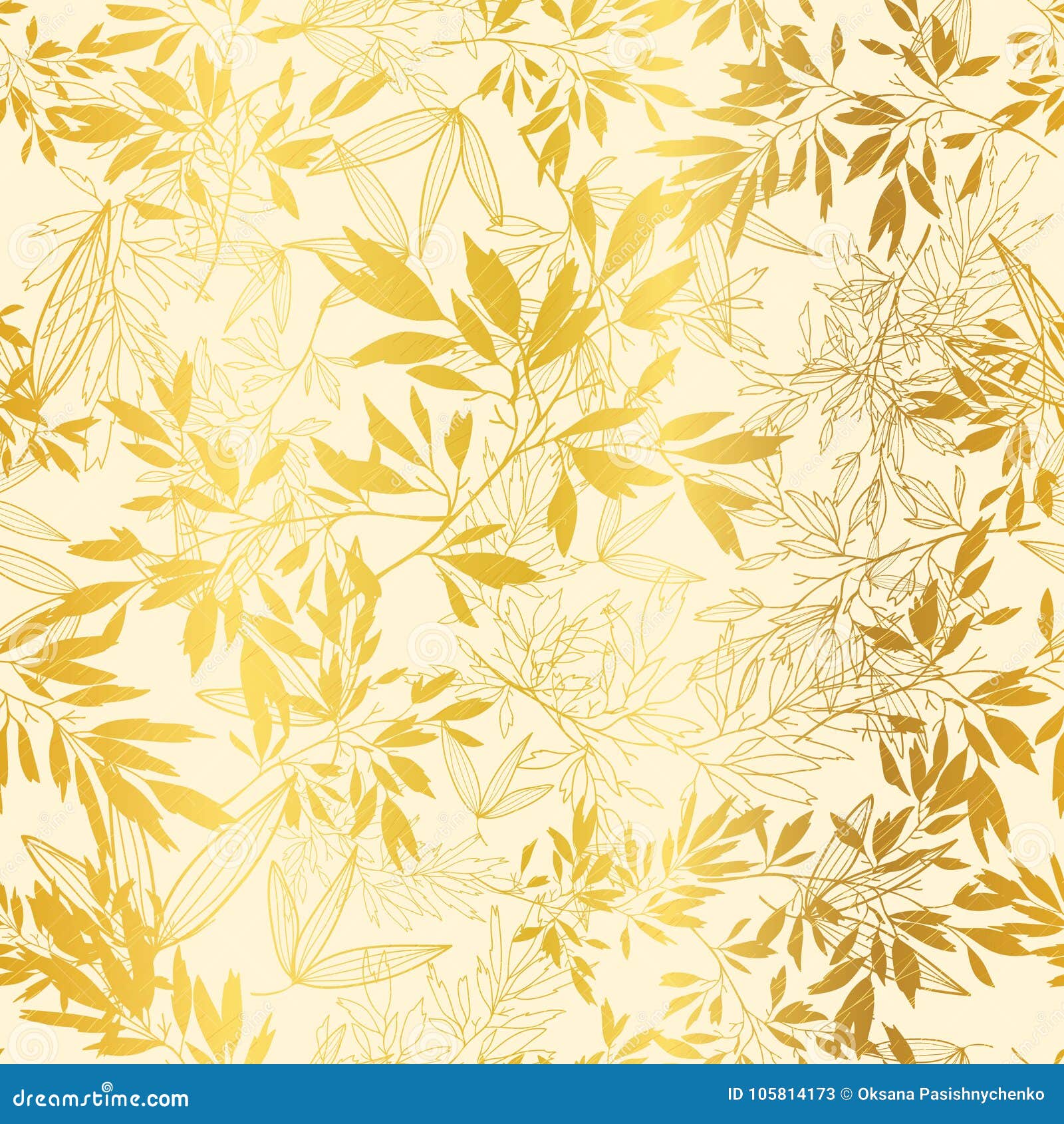 Vector Gold Yellow Leaves and Branches Repeat Seamless Pattern