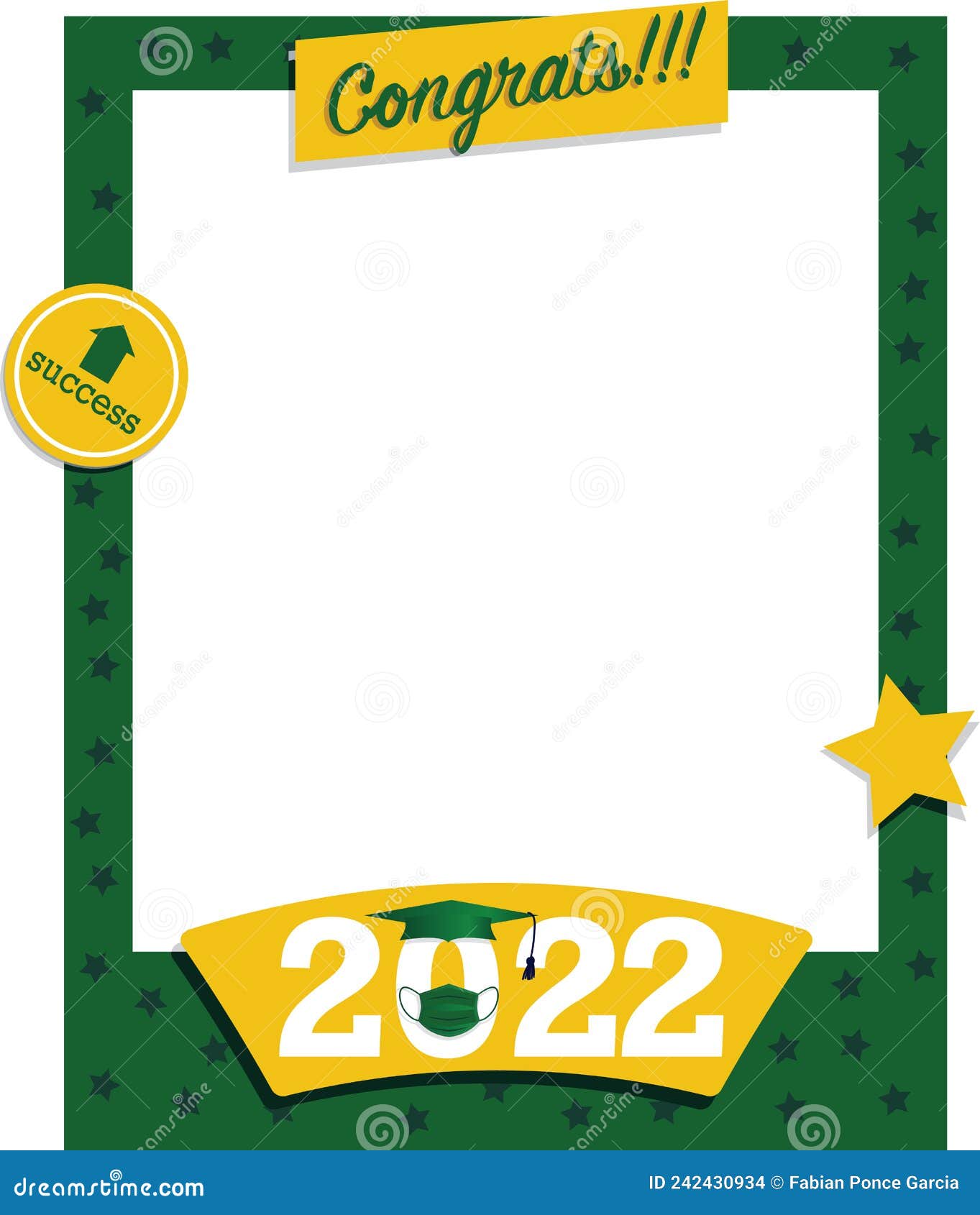  of 2022 graduate photo frame in green and yellow color with mask and cap. congratulatory photoboth and selfie concept at